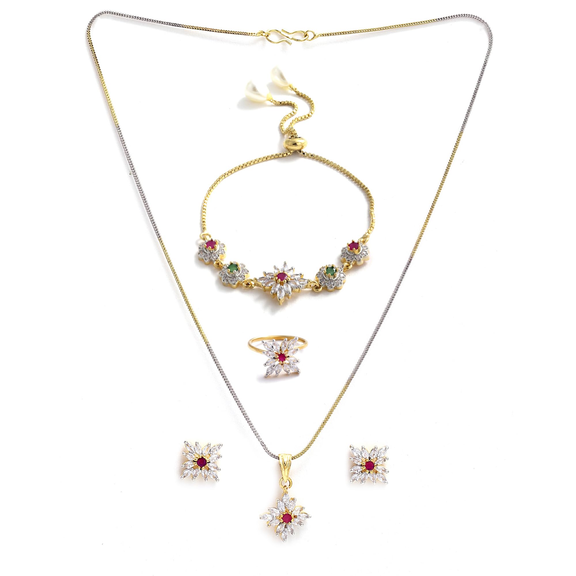 Alorajewels - Jewellery Set for Women American Diamond Necklace Set with Earrings, Bracelet and Ring Jewellery for Girls and Women