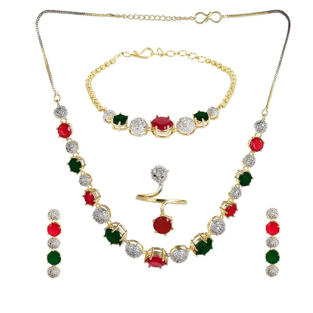 YouBella Jewellery Set for Women American Diamond Combo of Choker Necklace Set with Earrings, Bracelet and Ring for Girls and Women ALORAJEWELS