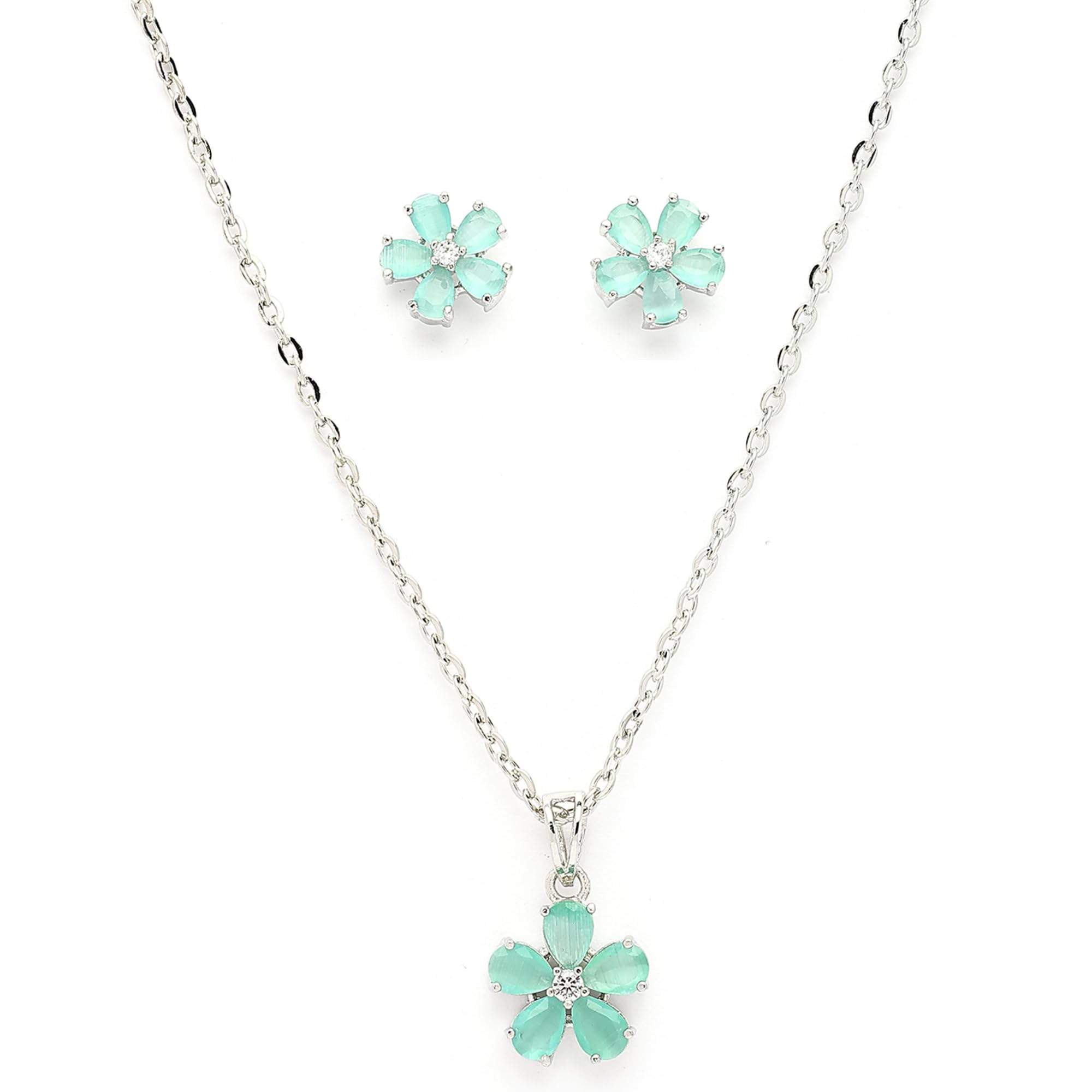 Alorajewels - Rhodium Plated Silver Toned American Diamond Studded Floral Shaped Pendant Chain With Earrings Jewellery Set For Women And Girls