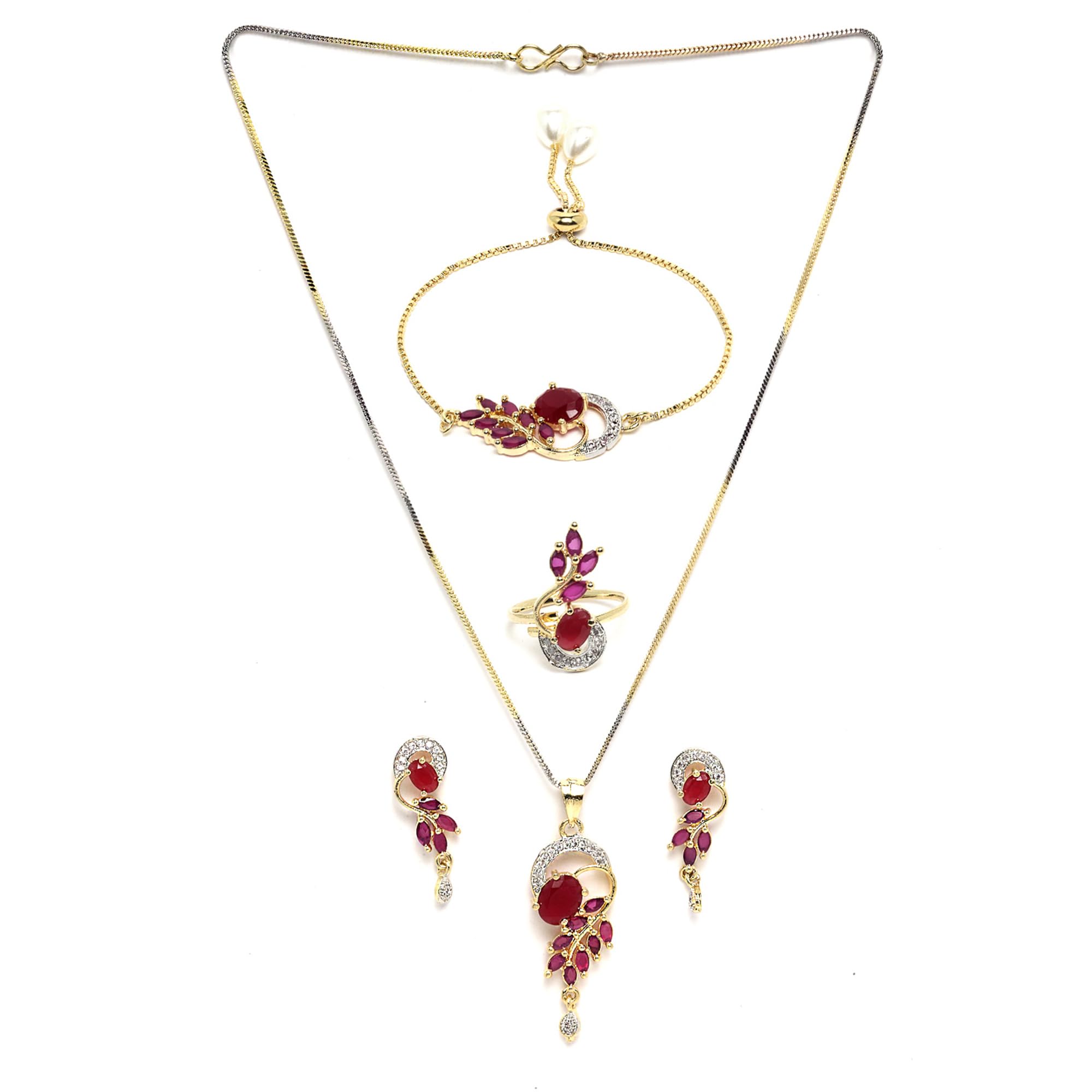 Alorajewels -  Jewellery Set American Diamond Gold Plated Traditional Style Necklace Pendant Set, Ring, Bracelet with Earring Jewellery for Women and Girls