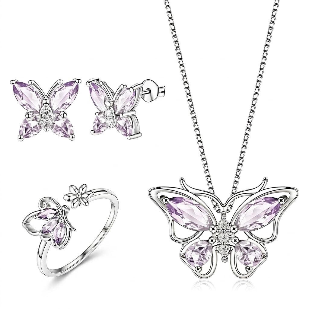 Alorajewels - 4 Pcs Jewellery Set for Women Girls Crystal Butterfly Chain Pendant Necklace Adjustable Finger Rings Studs Earrings Stylish Necklace Set Valentine Birthday Gift for Women, Girls