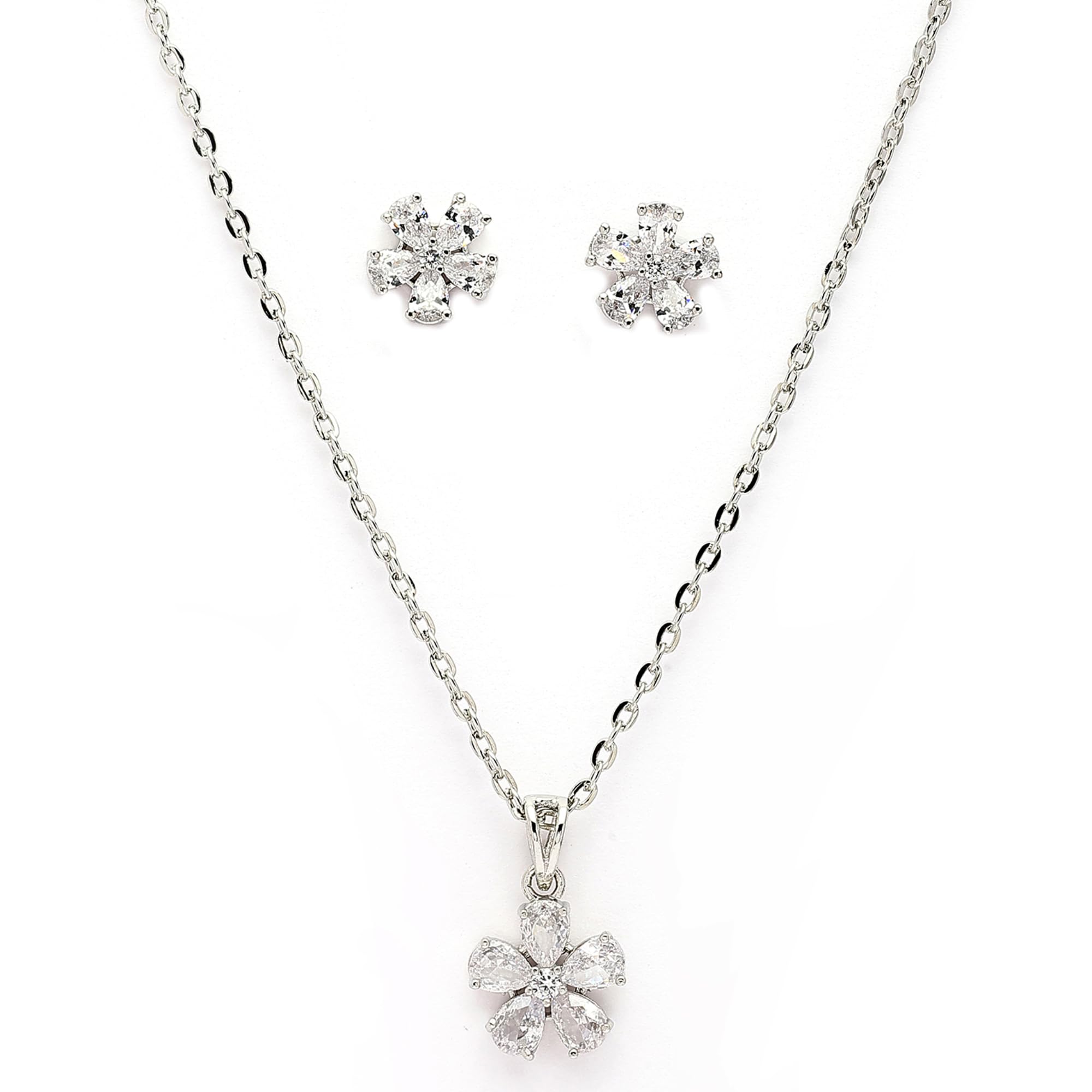Alorajewels - Rhodium Plated Silver Toned American Diamond Studded Floral Shaped Pendant Chain With Earrings Jewellery Set For Women And Girls