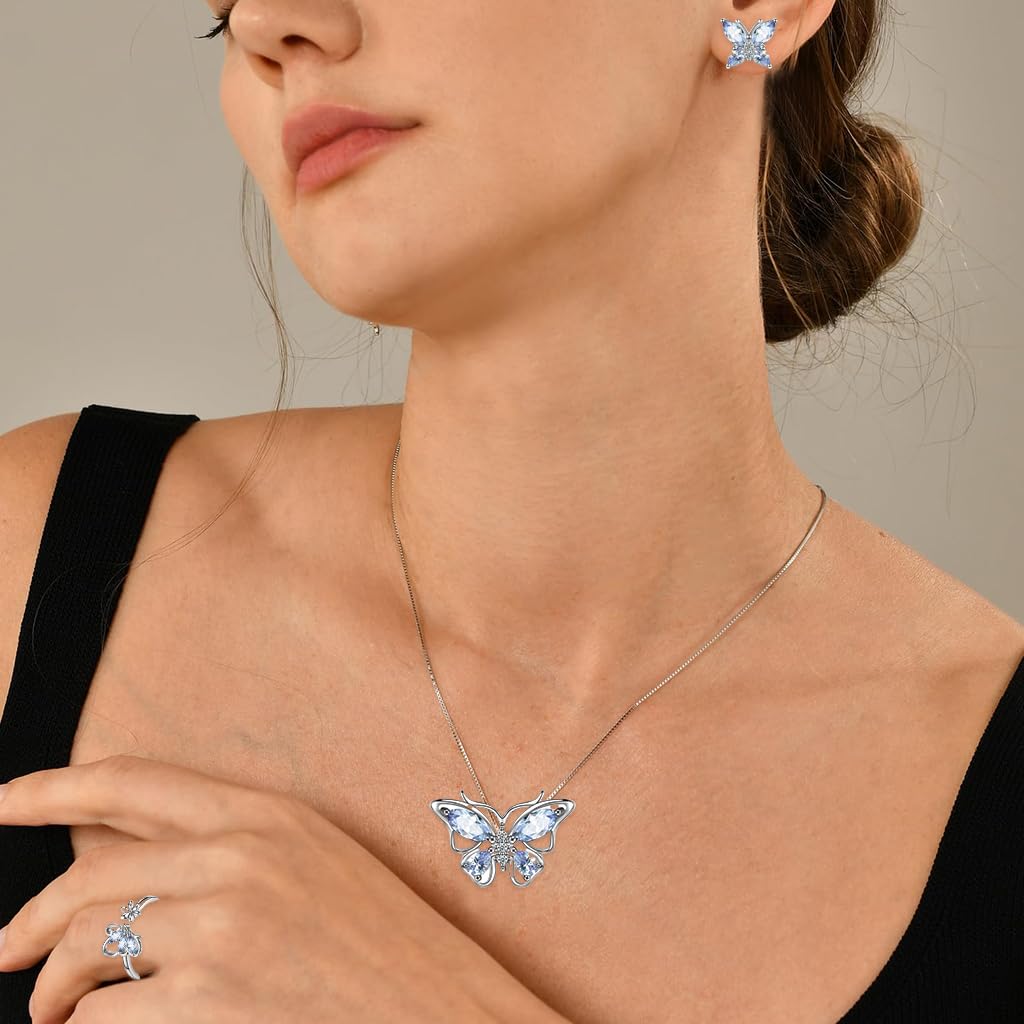 Alorajewels - 4 Pcs Jewellery Set for Women Girls Crystal Butterfly Chain Pendant Necklace Adjustable Finger Rings Studs Earrings Stylish Necklace Set Valentine Birthday Gift for Women, Girls
