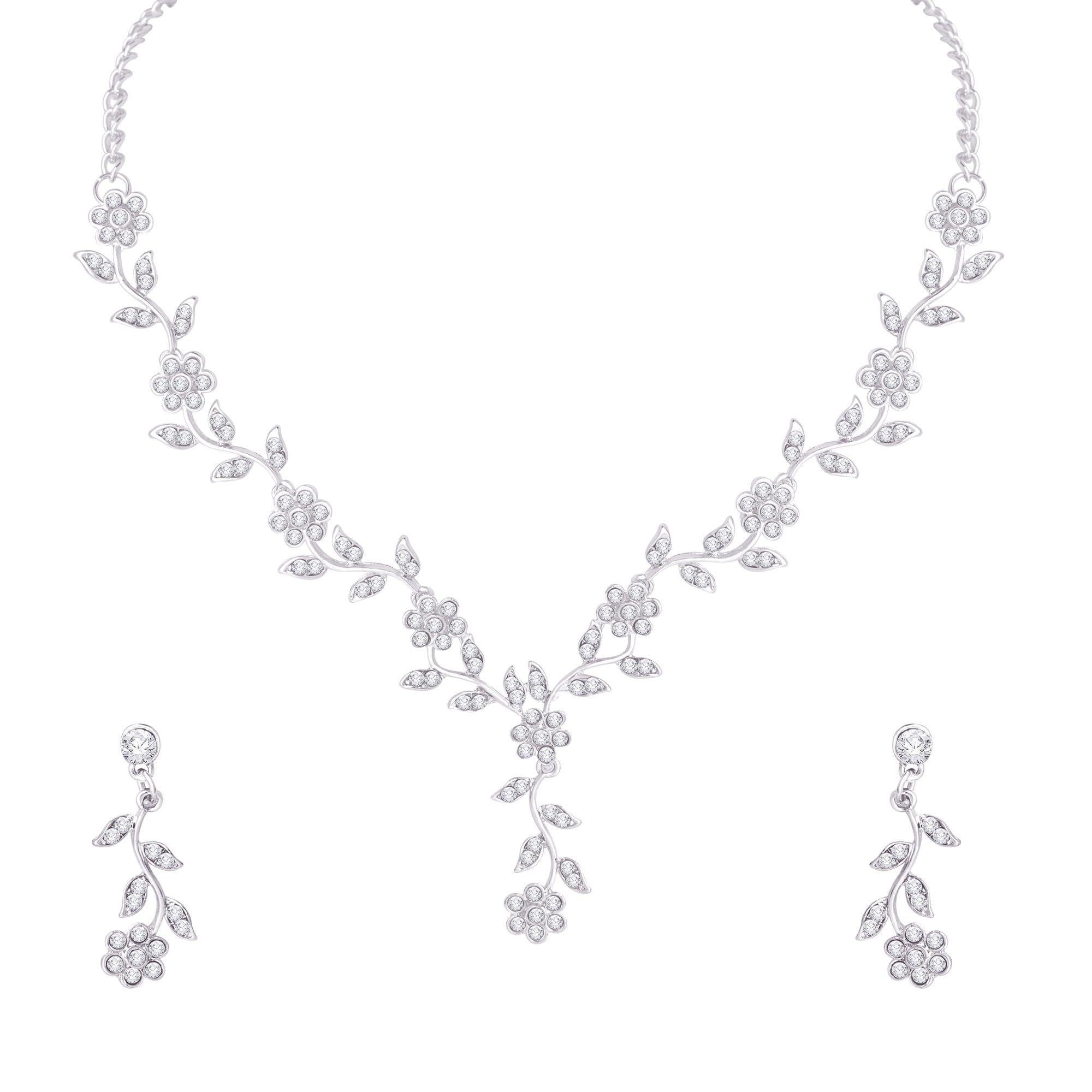 Atasi International American Diamond Style Silver Plated Necklace with Earrings Jewellery Set for Women – Perfect for Party, Wedding, and Engagement ALORAJEWELS