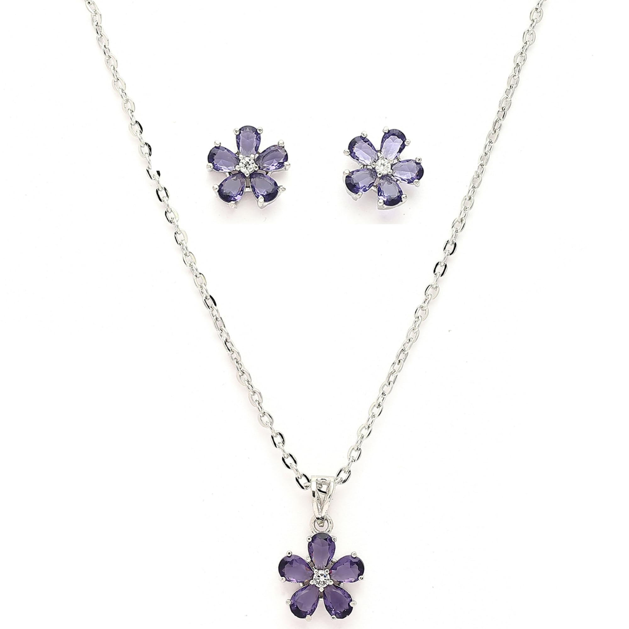 Alorajewels - Rhodium Plated Silver Toned American Diamond Studded Floral Shaped Pendant Chain With Earrings Jewellery Set For Women And Girls