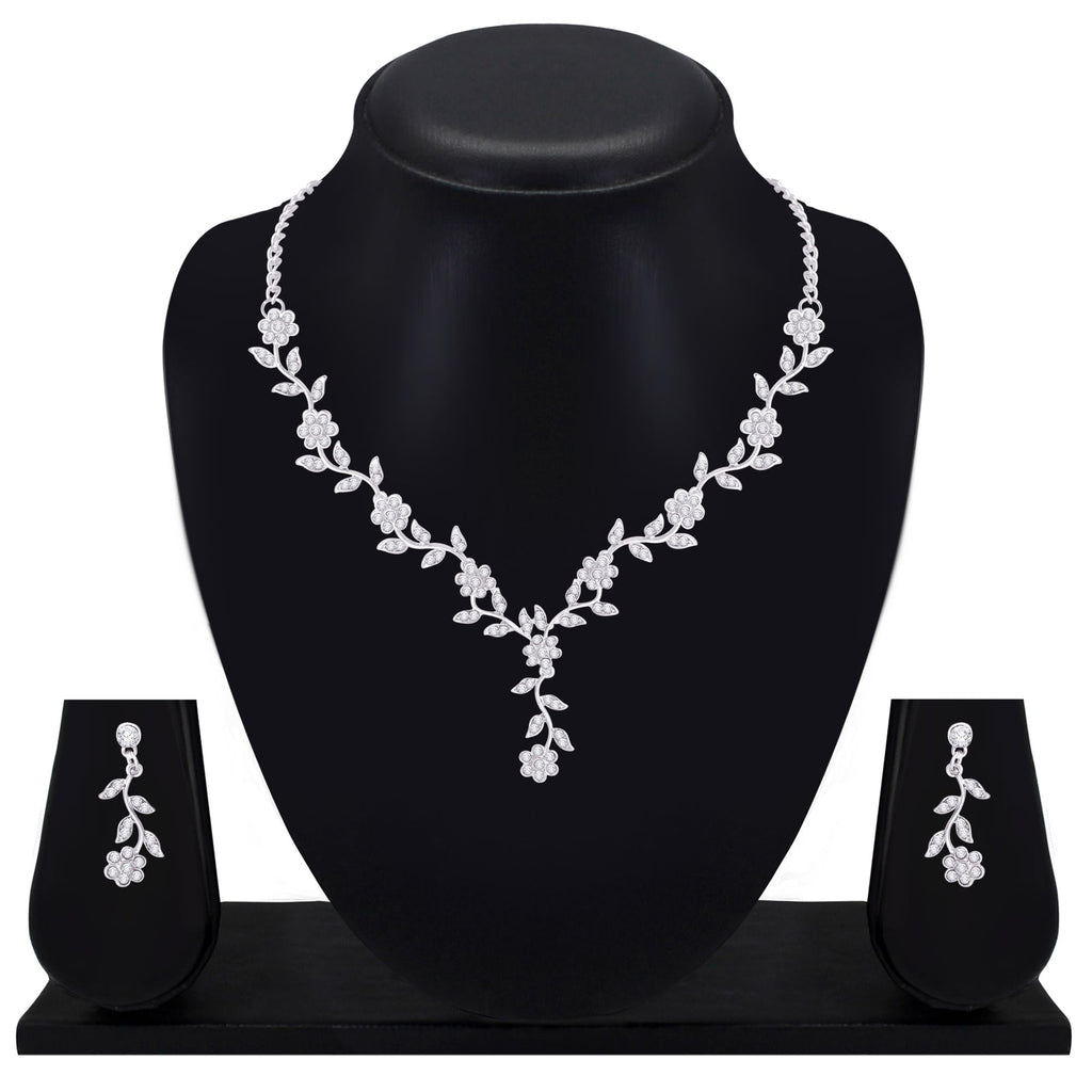 Atasi International American Diamond Style Silver Plated Necklace with Earrings Jewellery Set for Women – Perfect for Party, Wedding, and Engagement ALORAJEWELS