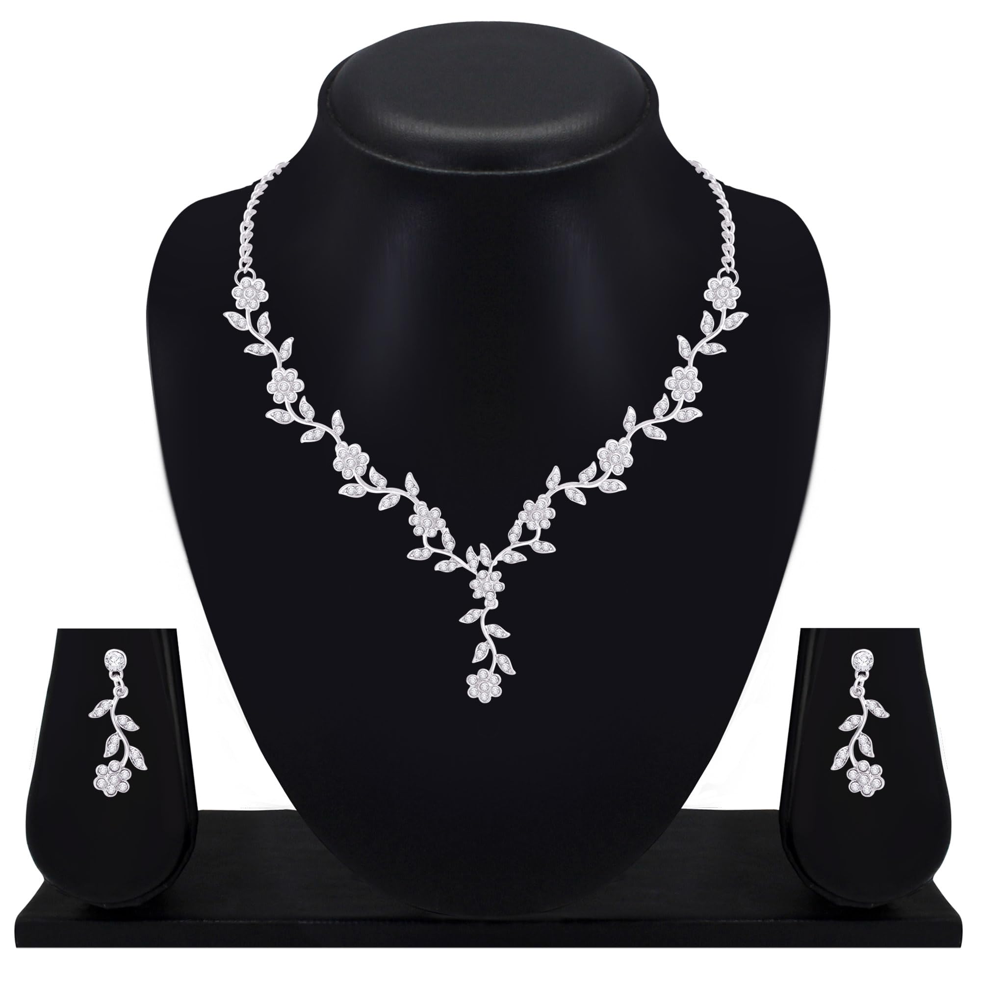 Atasi International American Diamond Style Silver Plated Necklace with Earrings Jewellery Set for Women – Perfect for Party, Wedding, and Engagement ALORAJEWELS