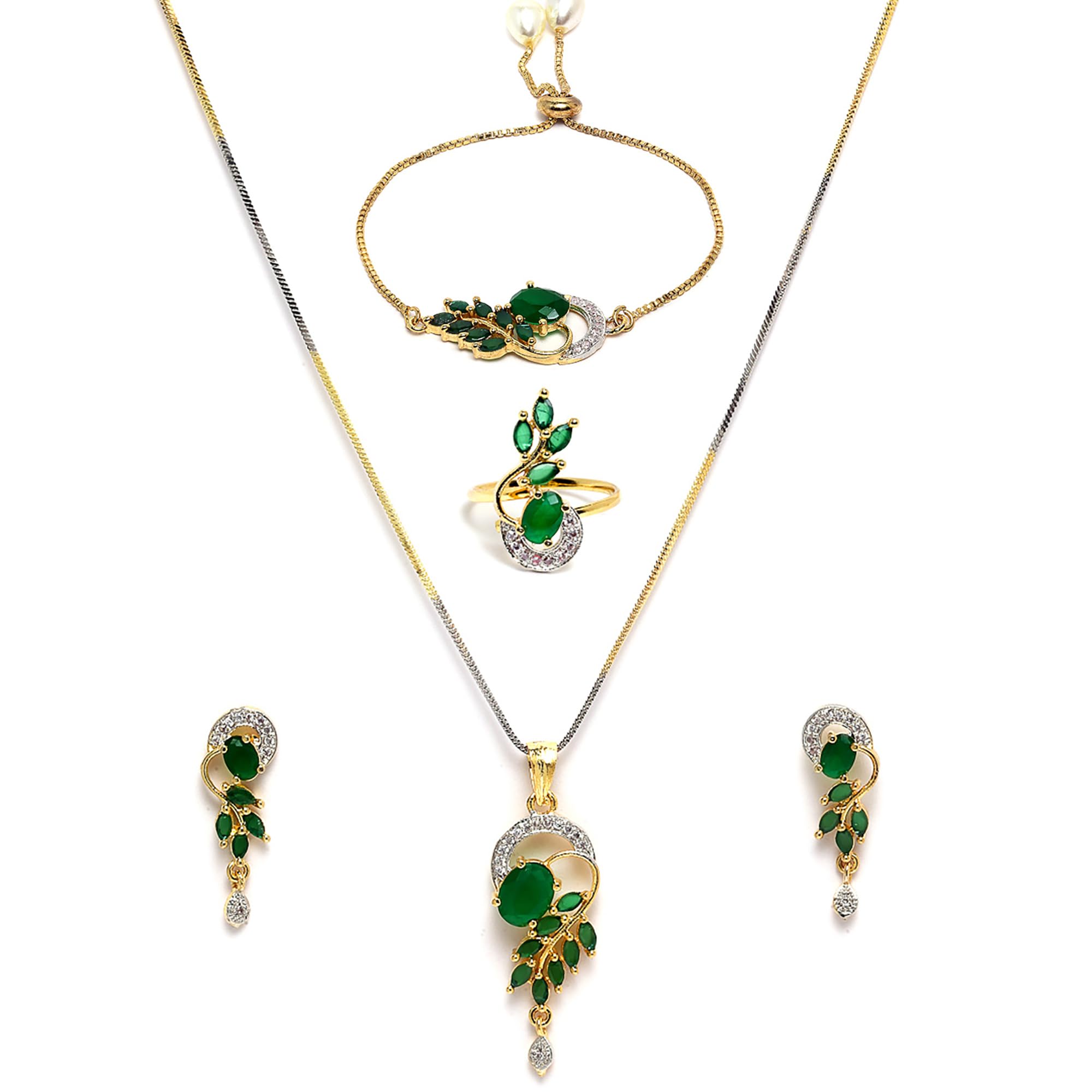 Alorajewels -  Jewellery Set American Diamond Gold Plated Traditional Style Necklace Pendant Set, Ring, Bracelet with Earring Jewellery for Women and Girls