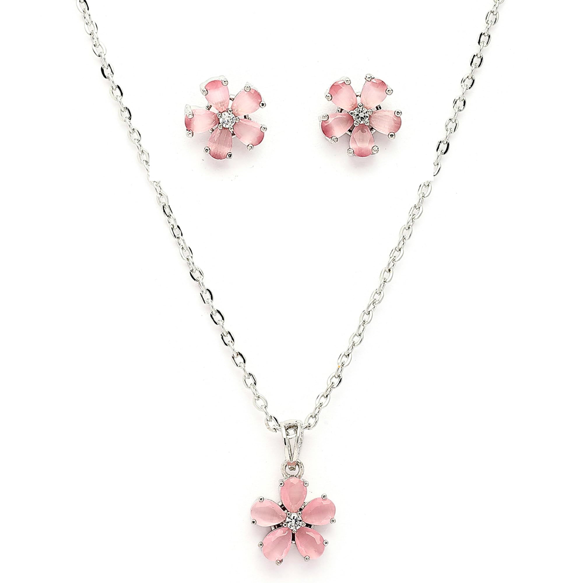 Alorajewels - Rhodium Plated Silver Toned American Diamond Studded Floral Shaped Pendant Chain With Earrings Jewellery Set For Women And Girls