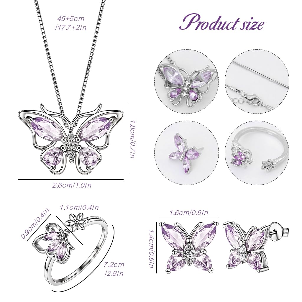 Alorajewels - 4 Pcs Jewellery Set for Women Girls Crystal Butterfly Chain Pendant Necklace Adjustable Finger Rings Studs Earrings Stylish Necklace Set Valentine Birthday Gift for Women, Girls