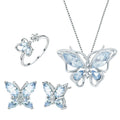 Alorajewels - 4 Pcs Jewellery Set for Women Girls Crystal Butterfly Chain Pendant Necklace Adjustable Finger Rings Studs Earrings Stylish Necklace Set Valentine Birthday Gift for Women, Girls