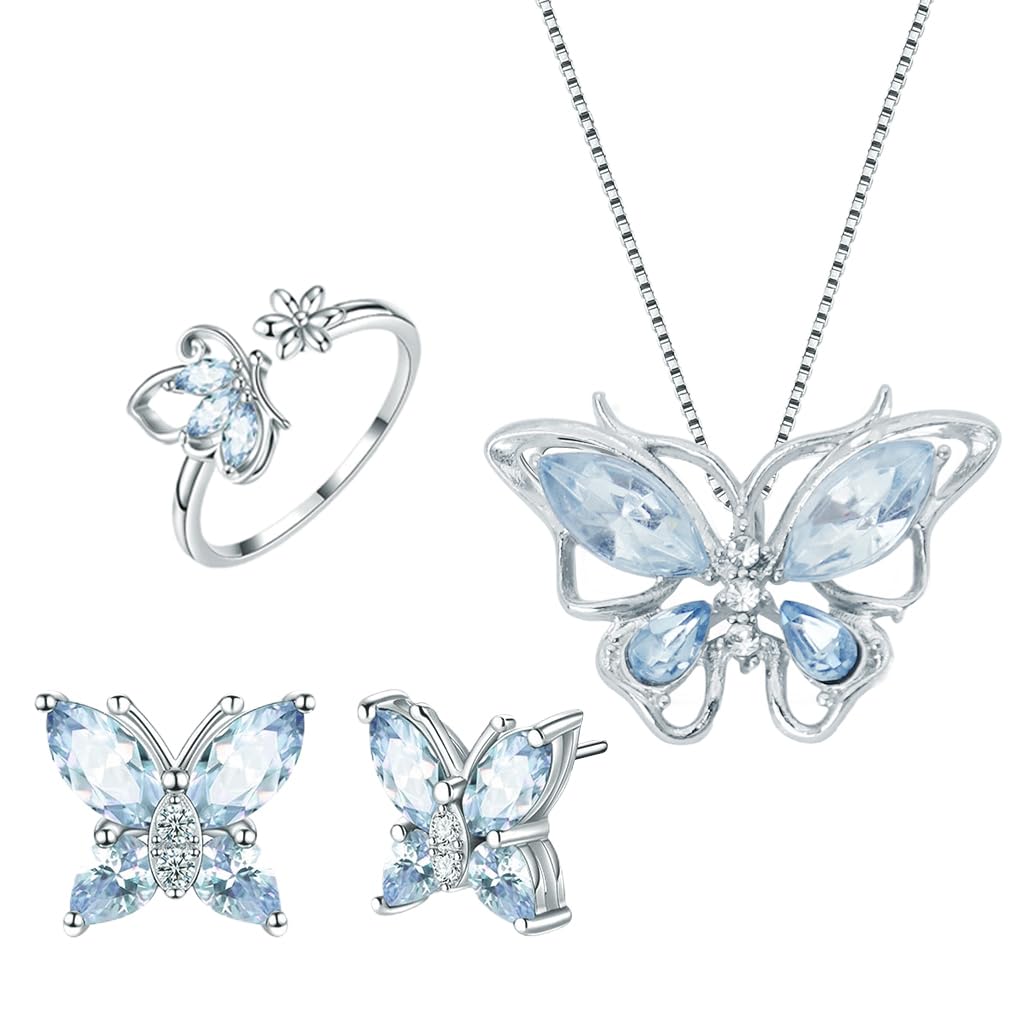 Alorajewels - 4 Pcs Jewellery Set for Women Girls Crystal Butterfly Chain Pendant Necklace Adjustable Finger Rings Studs Earrings Stylish Necklace Set Valentine Birthday Gift for Women, Girls