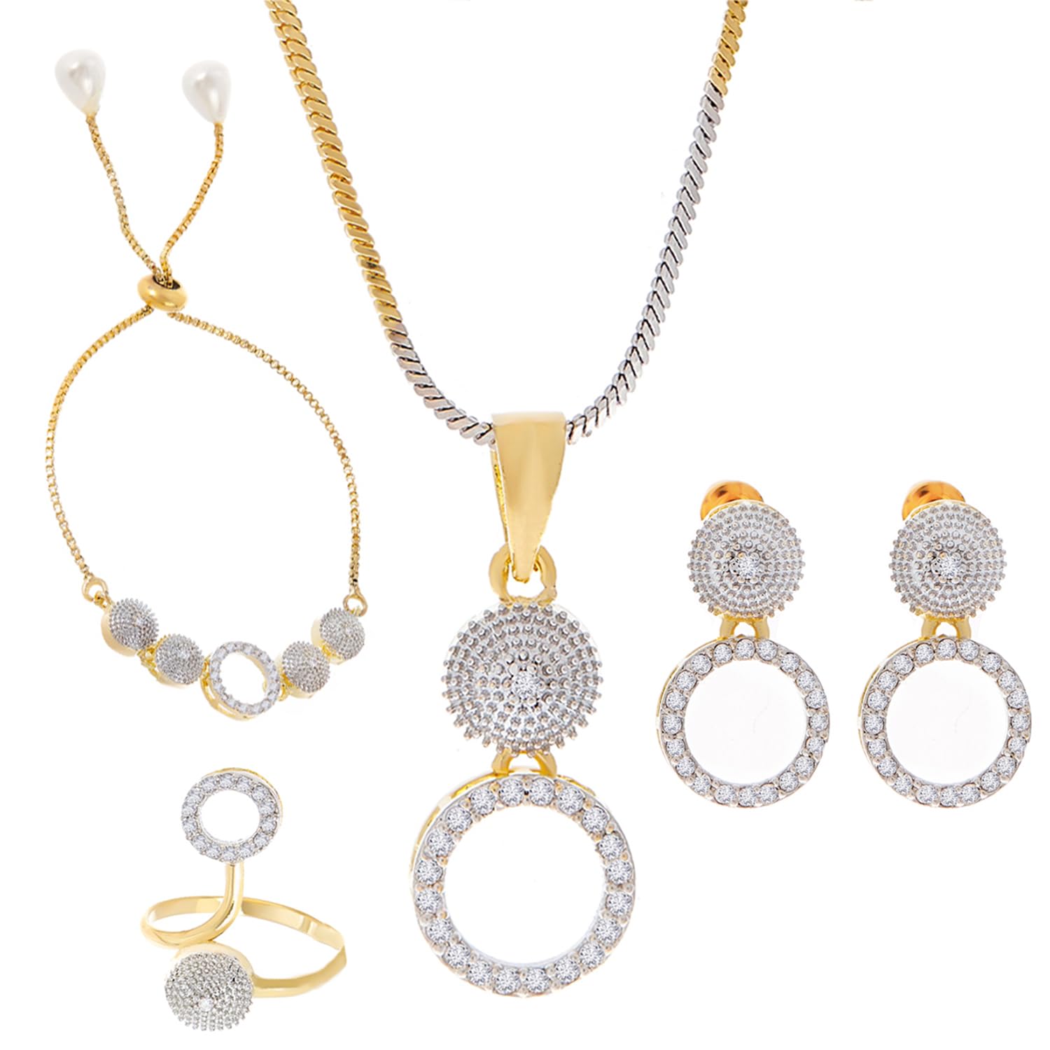 Alorajewels - Jewellery Set for Women American Diamond Necklace Set with Earrings, Bracelet and Ring Jewellery for Girls and Women