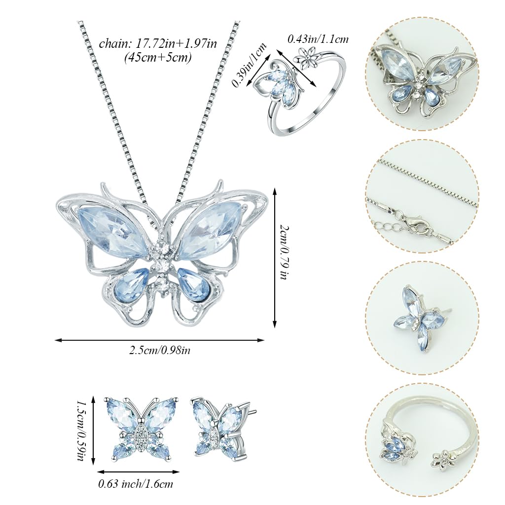 Alorajewels - 4 Pcs Jewellery Set for Women Girls Crystal Butterfly Chain Pendant Necklace Adjustable Finger Rings Studs Earrings Stylish Necklace Set Valentine Birthday Gift for Women, Girls