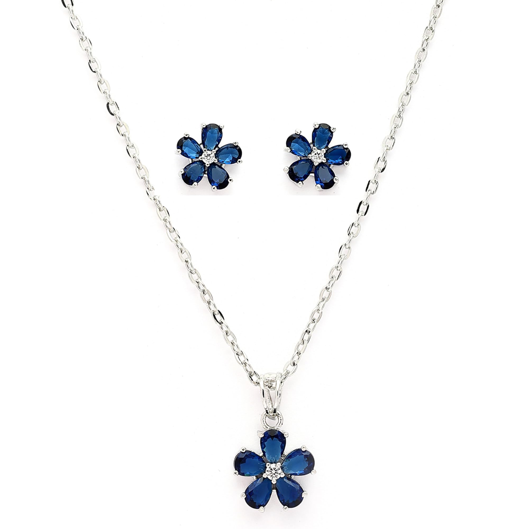 Alorajewels - Rhodium Plated Silver Toned American Diamond Studded Floral Shaped Pendant Chain With Earrings Jewellery Set For Women And Girls