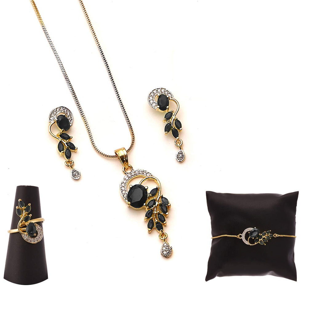 Alorajewels -  Jewellery Set American Diamond Gold Plated Traditional Style Necklace Pendant Set, Ring, Bracelet with Earring Jewellery for Women and Girls