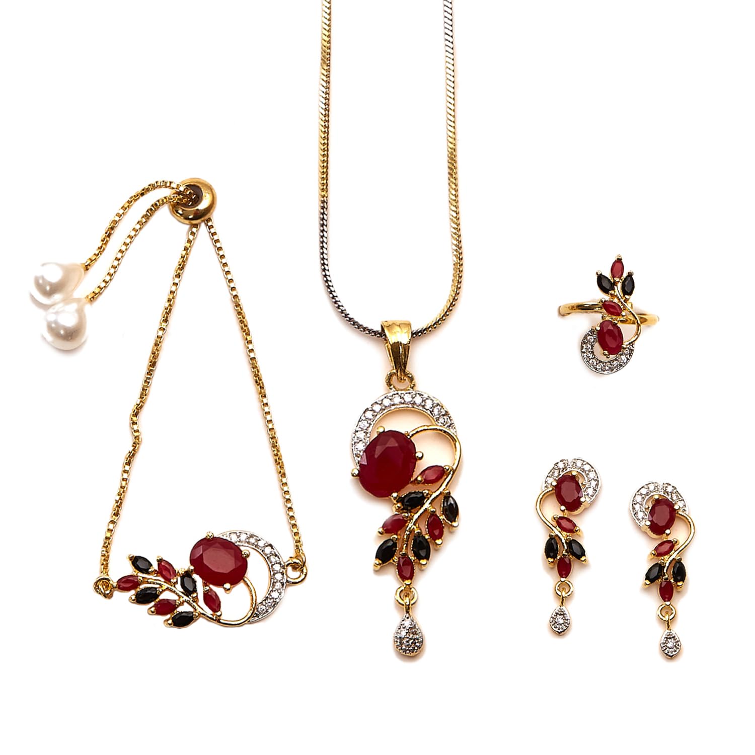 Alorajewels -  Jewellery Set American Diamond Gold Plated Traditional Style Necklace Pendant Set, Ring, Bracelet with Earring Jewellery for Women and Girls