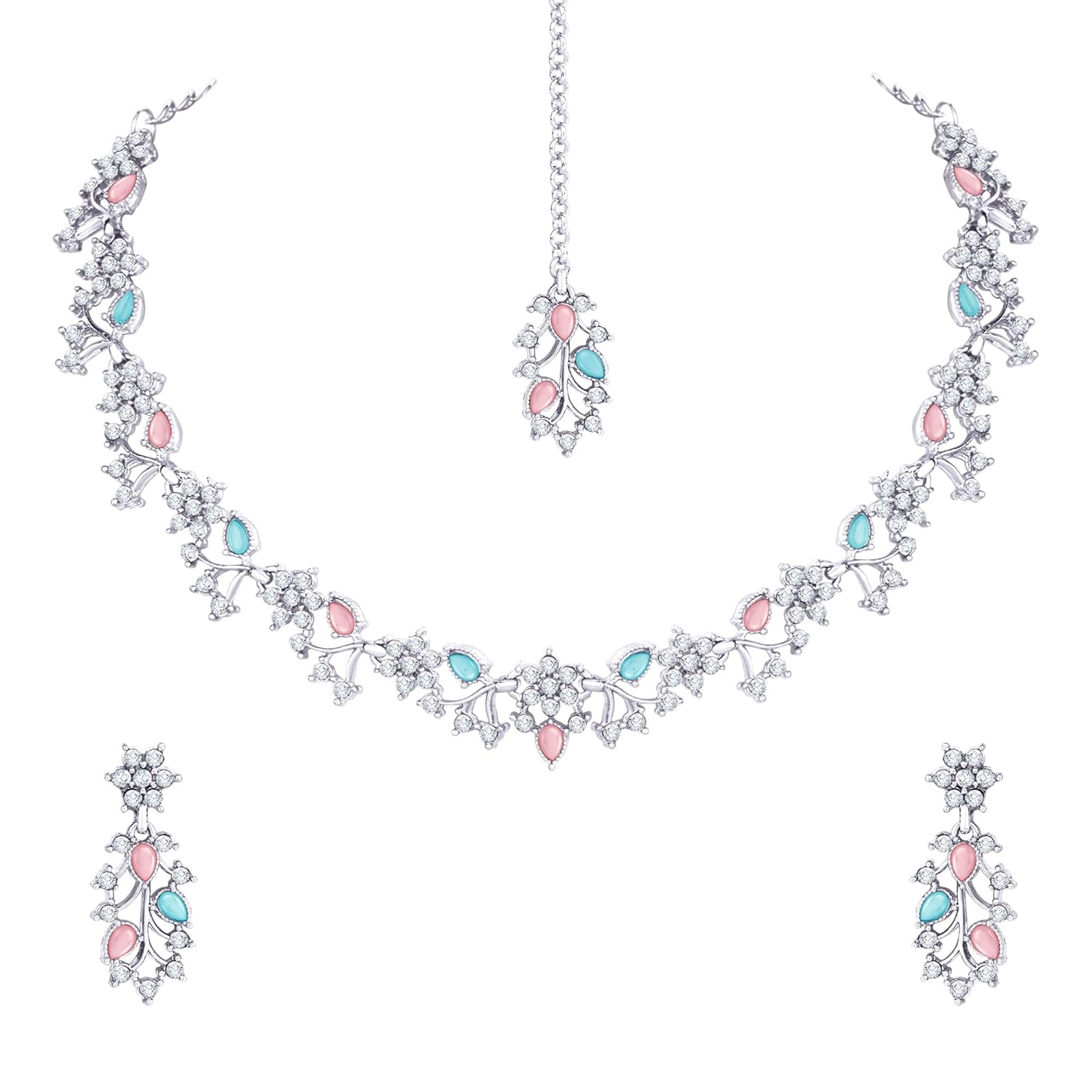 Alorajewels -  American Diamond AD with Colorful Crystal Necklace Jewellery Set for Women/Girls | Perfect for Weddings, Parties & Festive Occasions