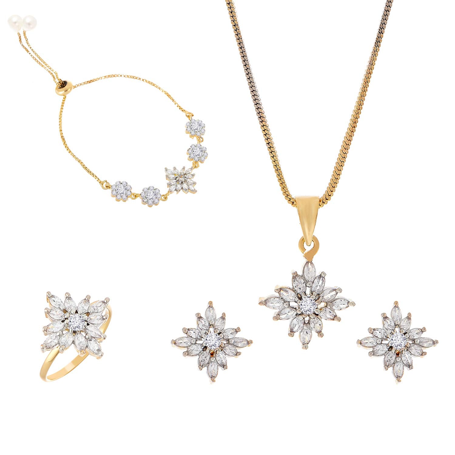 Alorajewels - Jewellery Set for Women American Diamond Necklace Set with Earrings, Bracelet and Ring Jewellery for Girls and Women