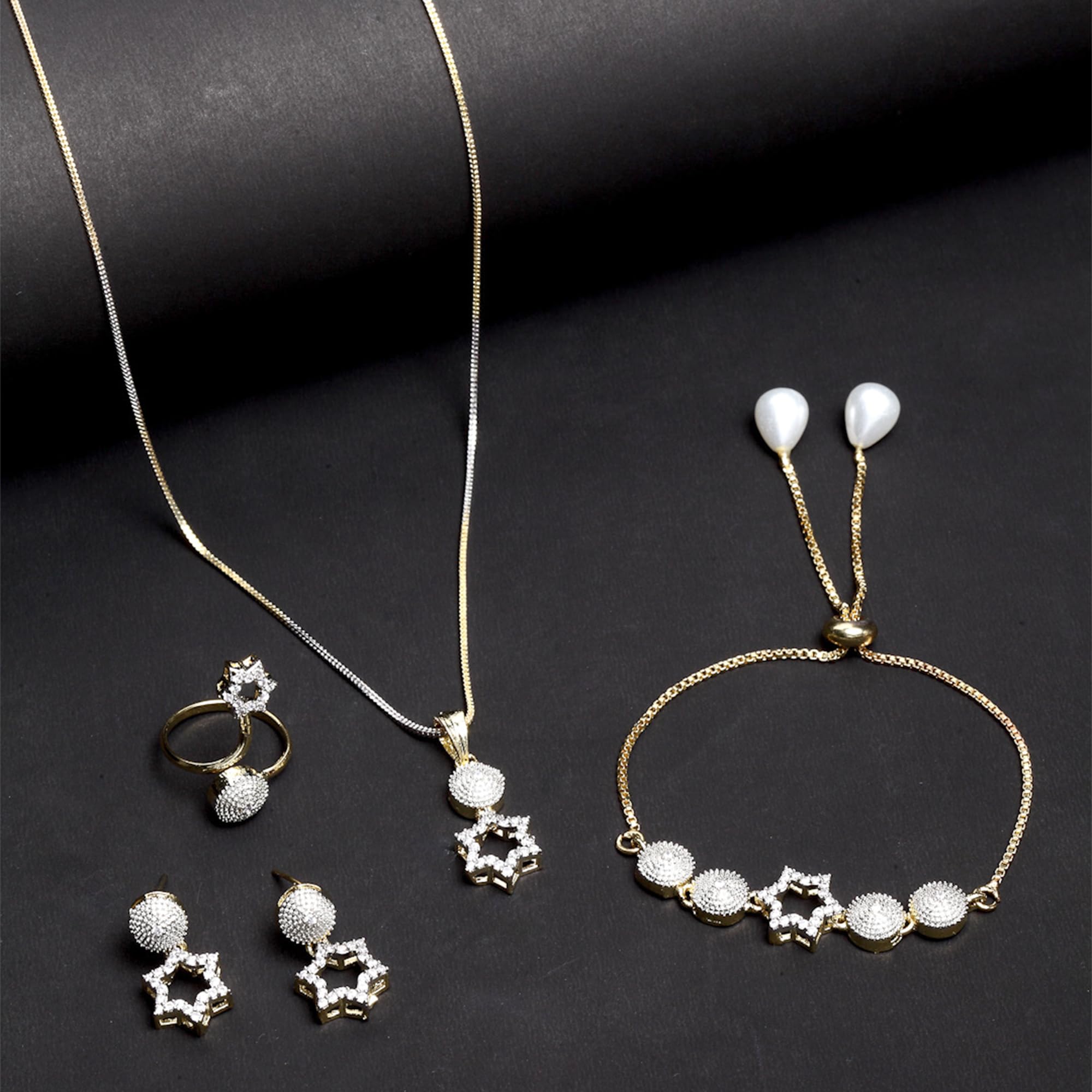 Alorajewels - Jewellery Set for Women American Diamond Necklace Set with Earrings, Bracelet and Ring Jewellery for Girls and Women