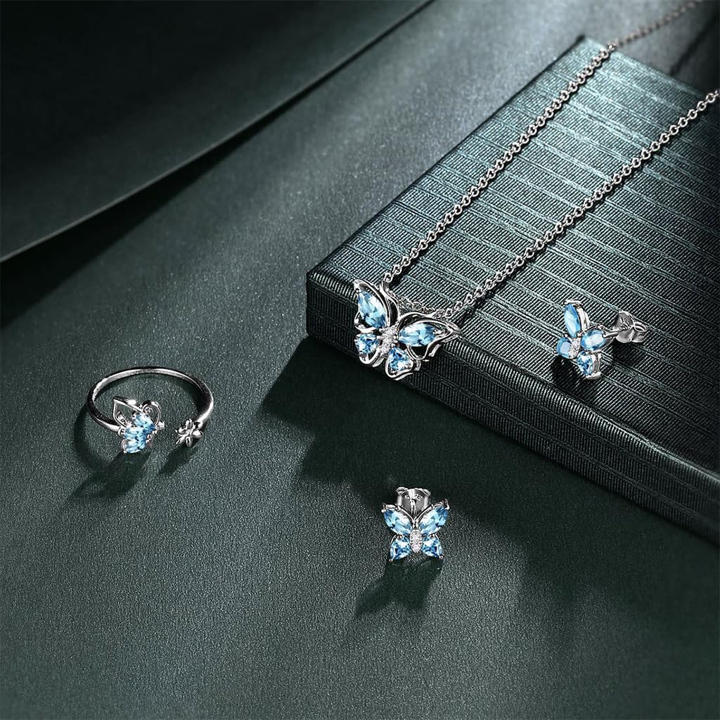 Alorajewels - 4 Pcs Jewellery Set for Women Girls Crystal Butterfly Chain Pendant Necklace Adjustable Finger Rings Studs Earrings Stylish Necklace Set Valentine Birthday Gift for Women, Girls