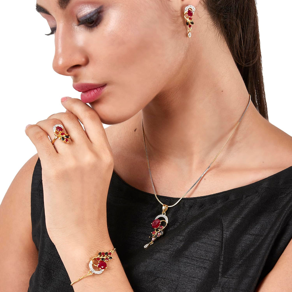 Alorajewels -  Jewellery Set American Diamond Gold Plated Traditional Style Necklace Pendant Set, Ring, Bracelet with Earring Jewellery for Women and Girls