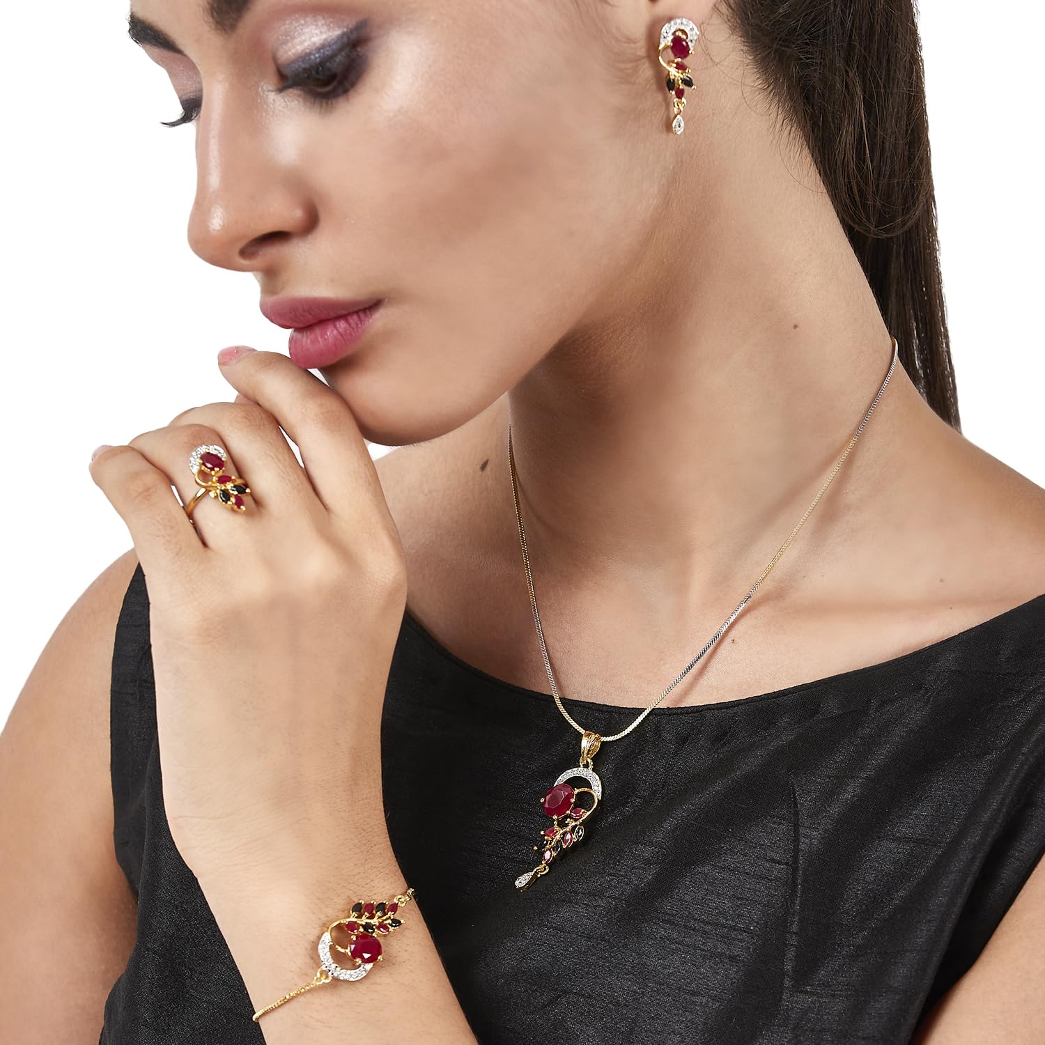 Alorajewels -  Jewellery Set American Diamond Gold Plated Traditional Style Necklace Pendant Set, Ring, Bracelet with Earring Jewellery for Women and Girls