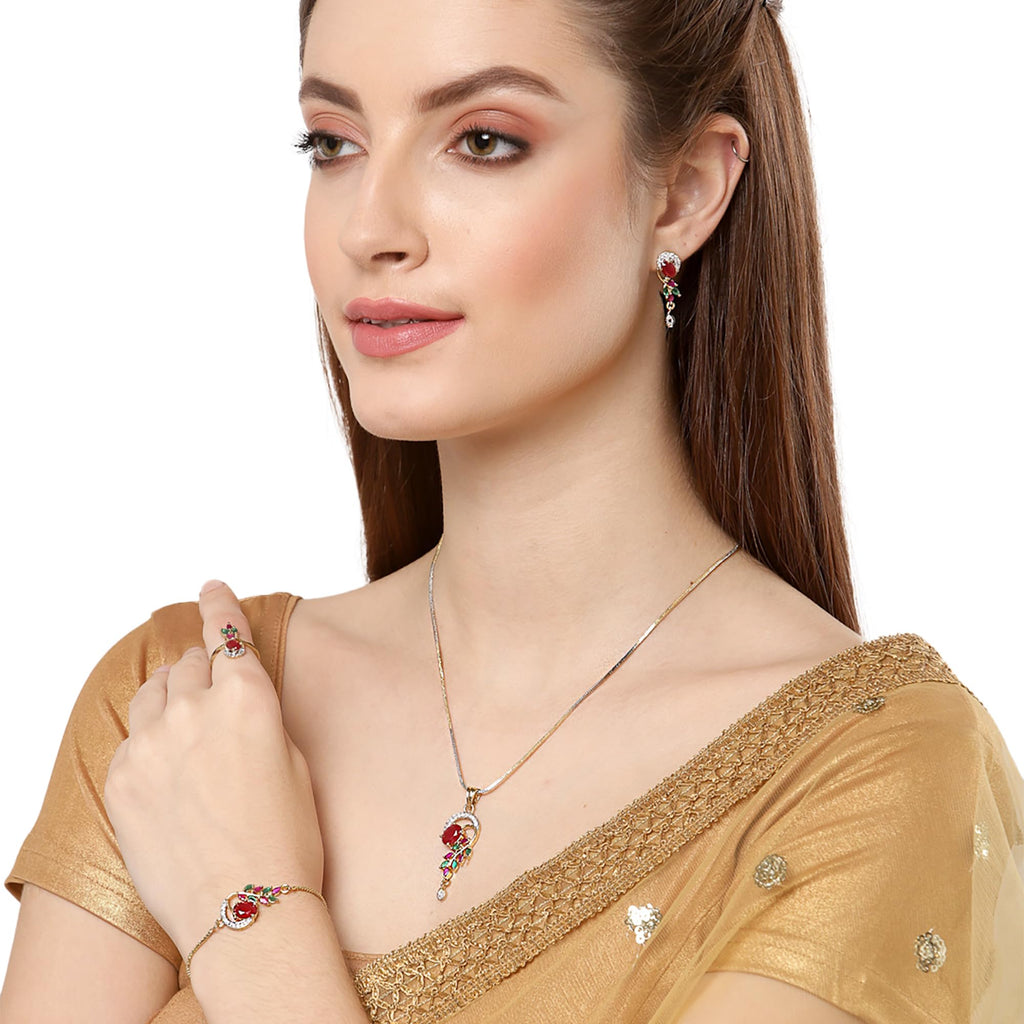 Alorajewels -  Jewellery Set American Diamond Gold Plated Traditional Style Necklace Pendant Set, Ring, Bracelet with Earring Jewellery for Women and Girls