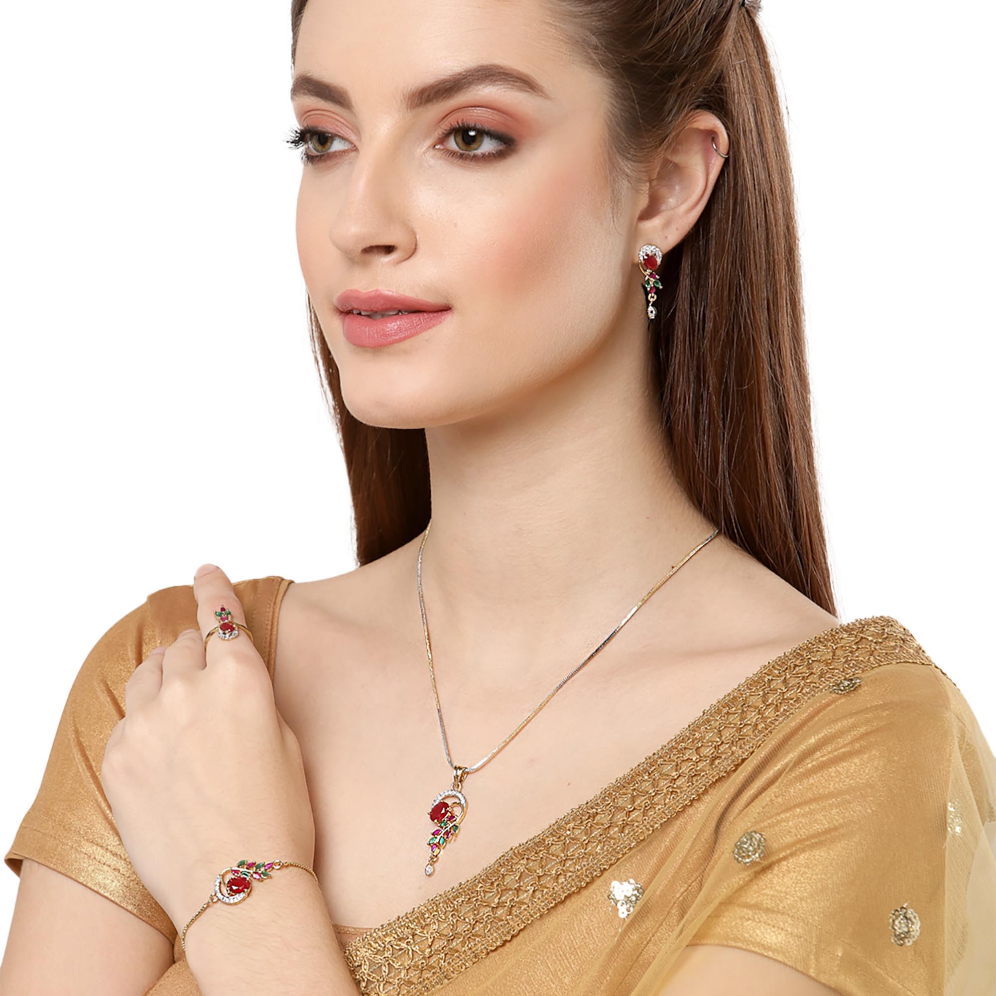 Alorajewels -  Jewellery Set American Diamond Gold Plated Traditional Style Necklace Pendant Set, Ring, Bracelet with Earring Jewellery for Women and Girls