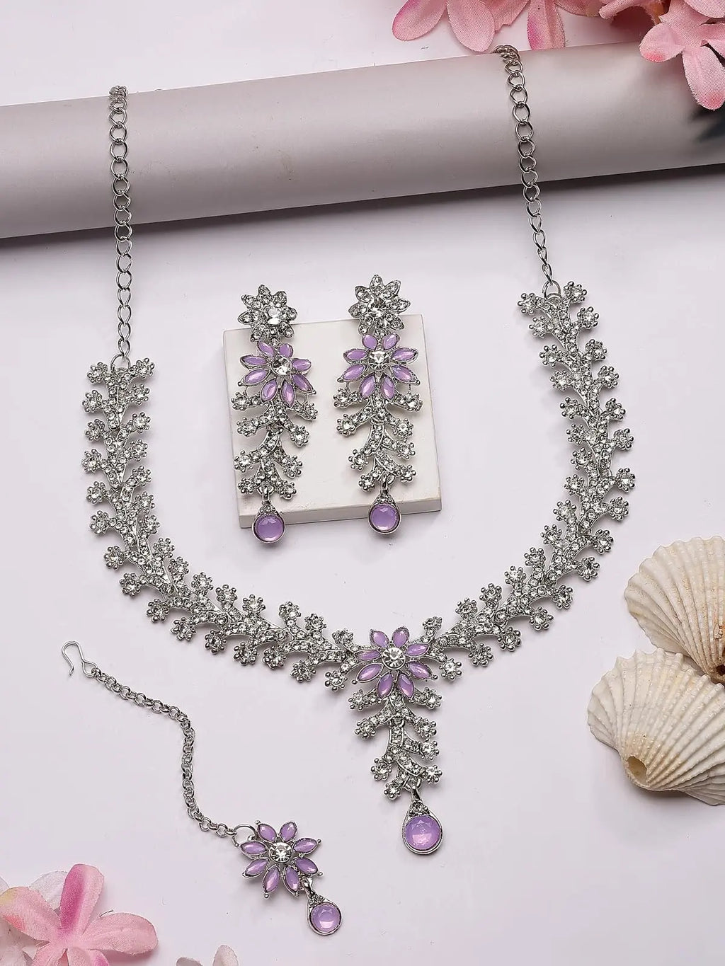 Sukkhi Charming AD Diamonds Studded Floral Choker Necklace with Danlge Earrings Maangtikka Jewellery Set for Women & Girls ALORAJEWELS