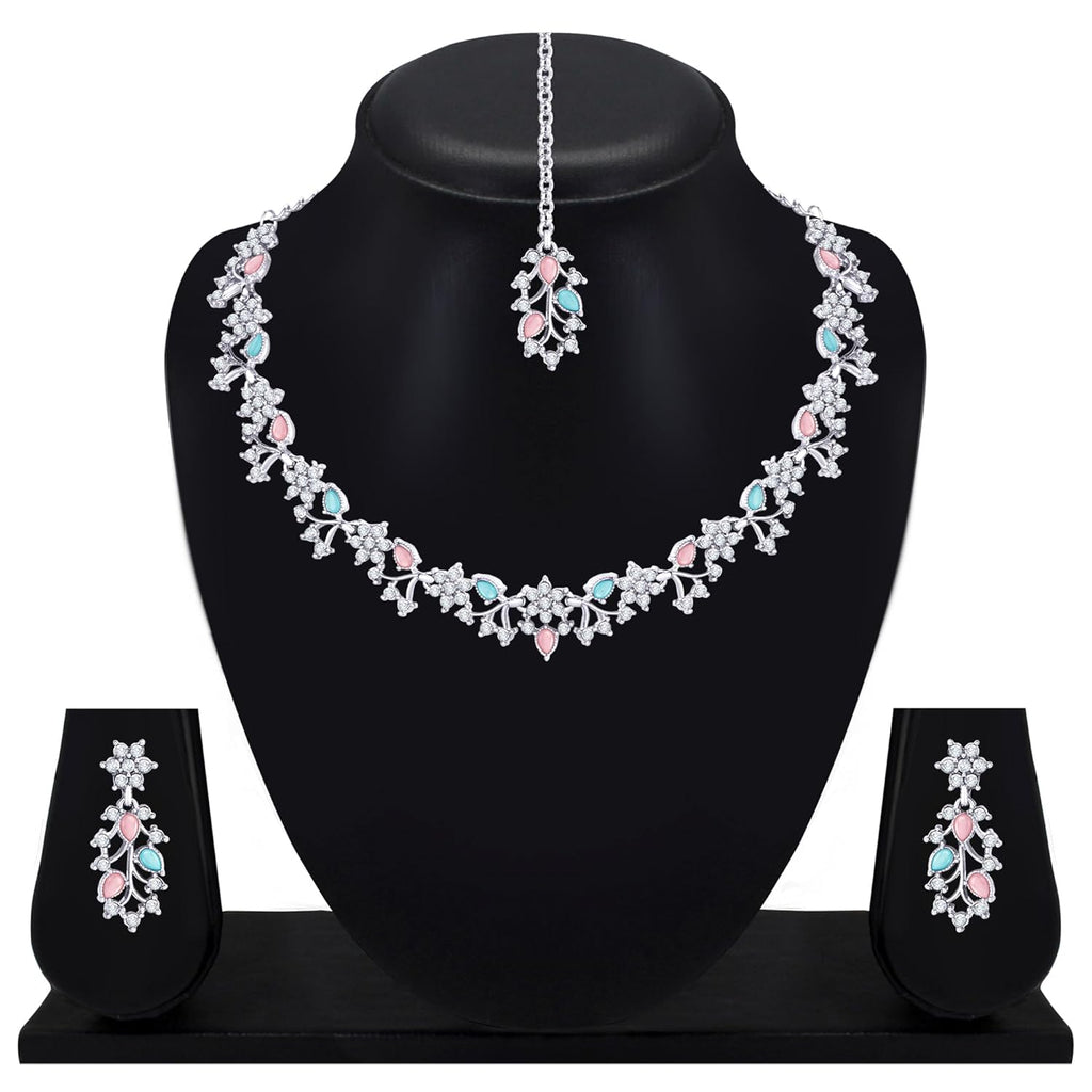 Alorajewels -  American Diamond AD with Colorful Crystal Necklace Jewellery Set for Women/Girls | Perfect for Weddings, Parties & Festive Occasions