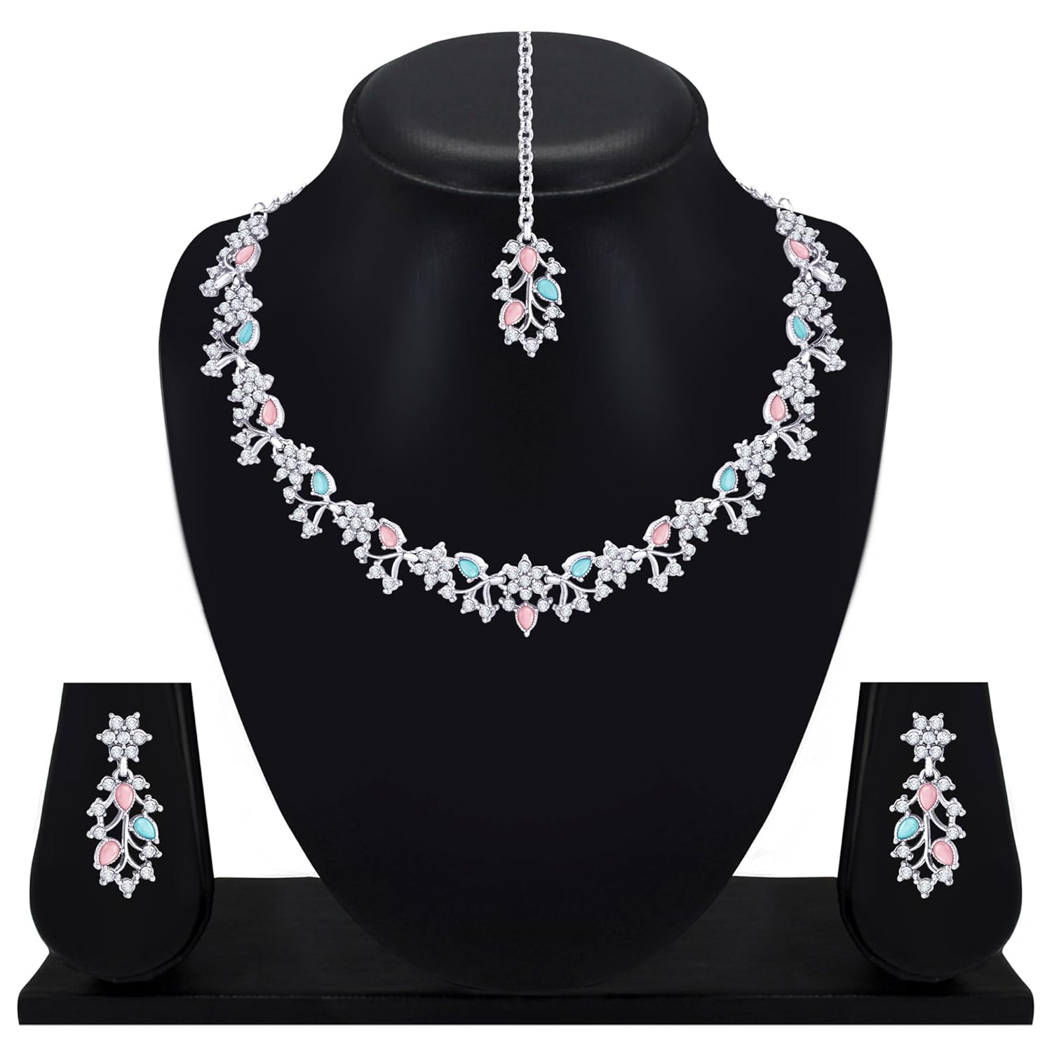 Alorajewels -  American Diamond AD with Colorful Crystal Necklace Jewellery Set for Women/Girls | Perfect for Weddings, Parties & Festive Occasions
