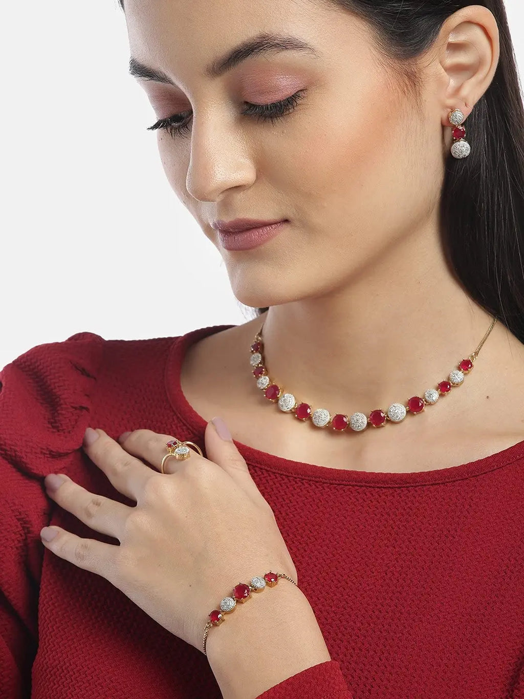 YouBella Jewellery Set for Women American Diamond Combo of Choker Necklace Set with Earrings, Bracelet and Ring for Girls and Women ALORAJEWELS