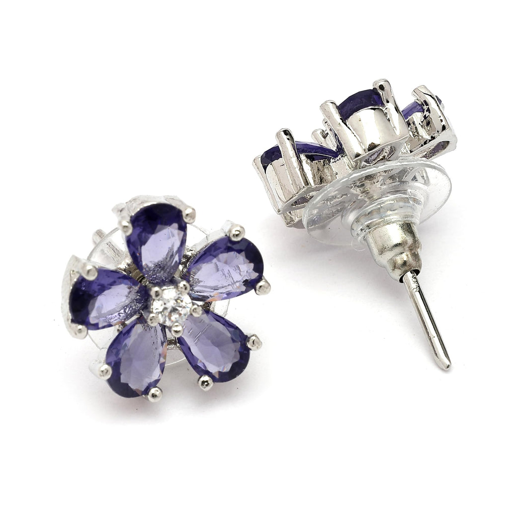 Alorajewels - Rhodium Plated Silver Toned American Diamond Studded Floral Shaped Pendant Chain With Earrings Jewellery Set For Women And Girls