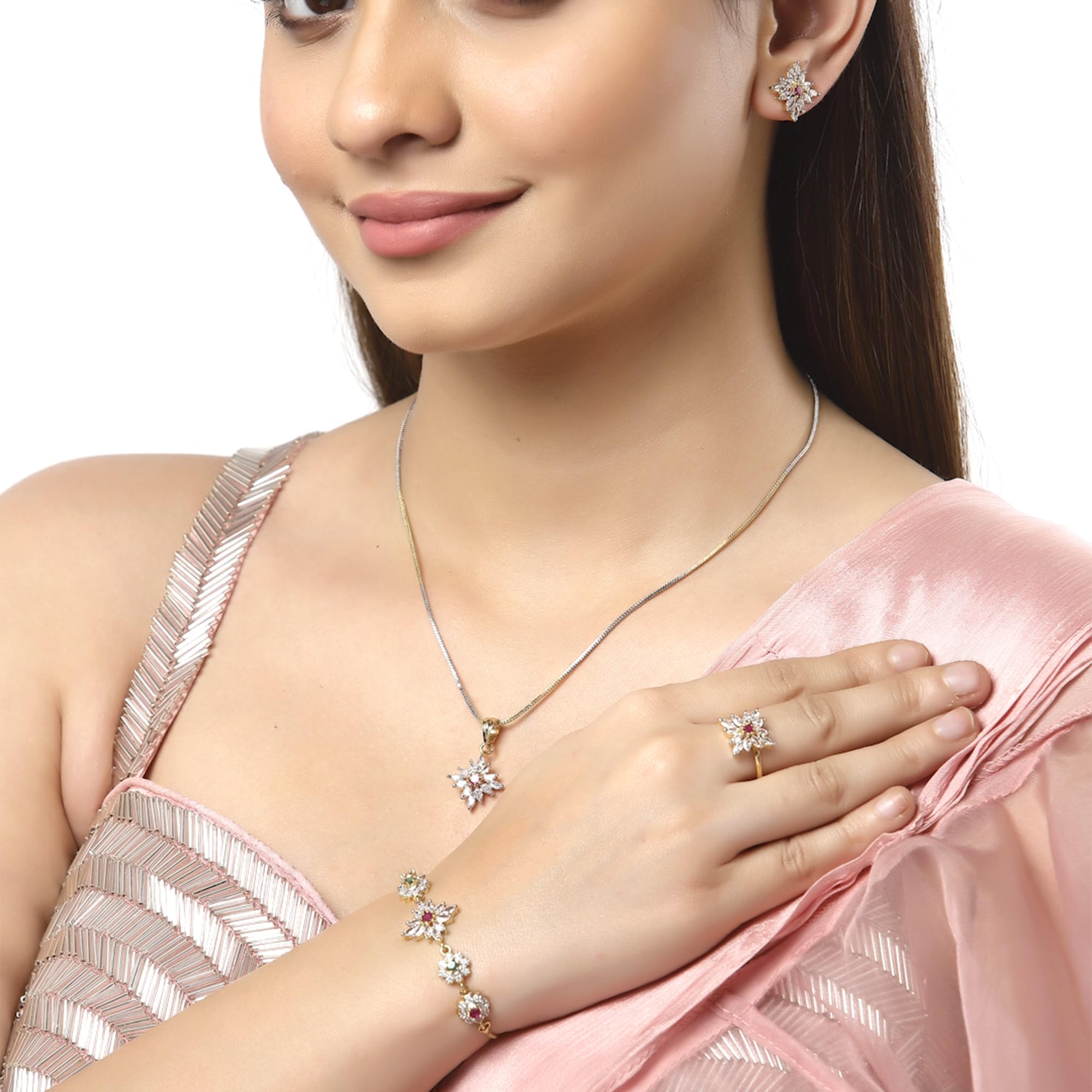 Alorajewels - Jewellery Set for Women American Diamond Necklace Set with Earrings, Bracelet and Ring Jewellery for Girls and Women