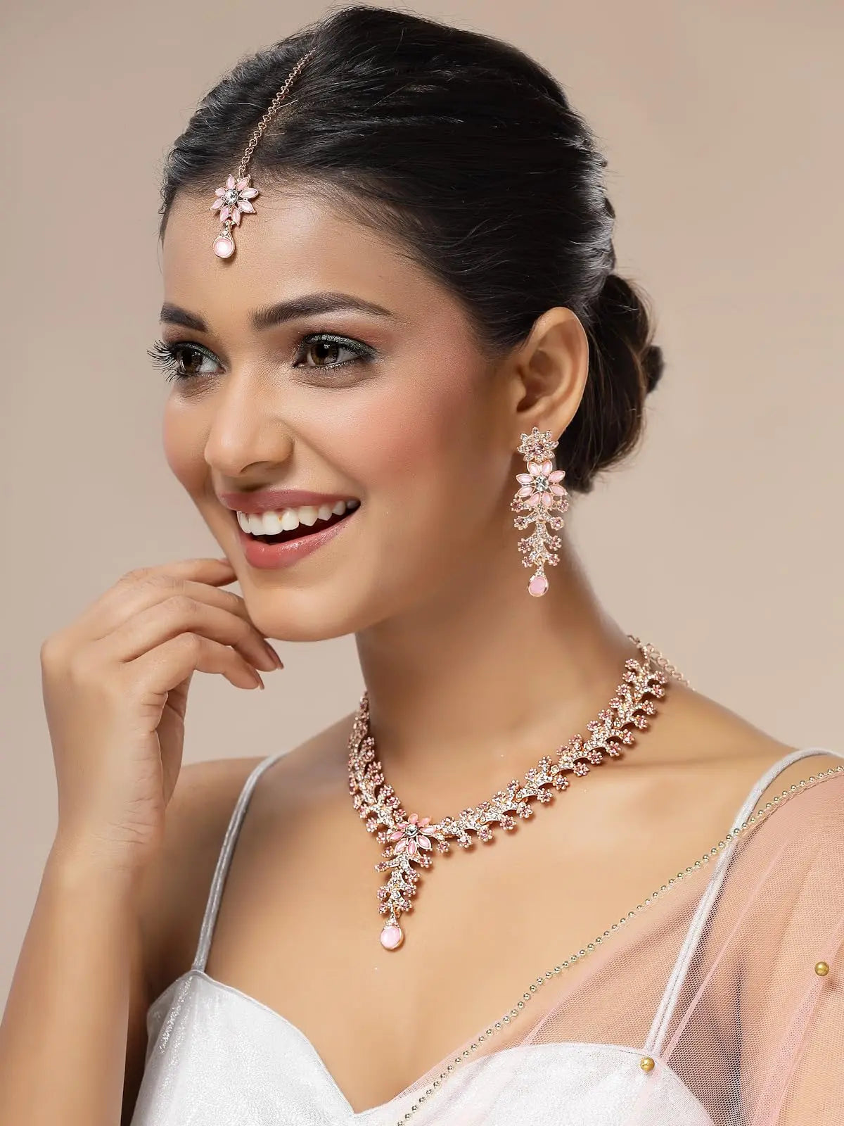 Sukkhi Charming AD Diamonds Studded Floral Choker Necklace with Danlge Earrings Maangtikka Jewellery Set for Women & Girls ALORAJEWELS