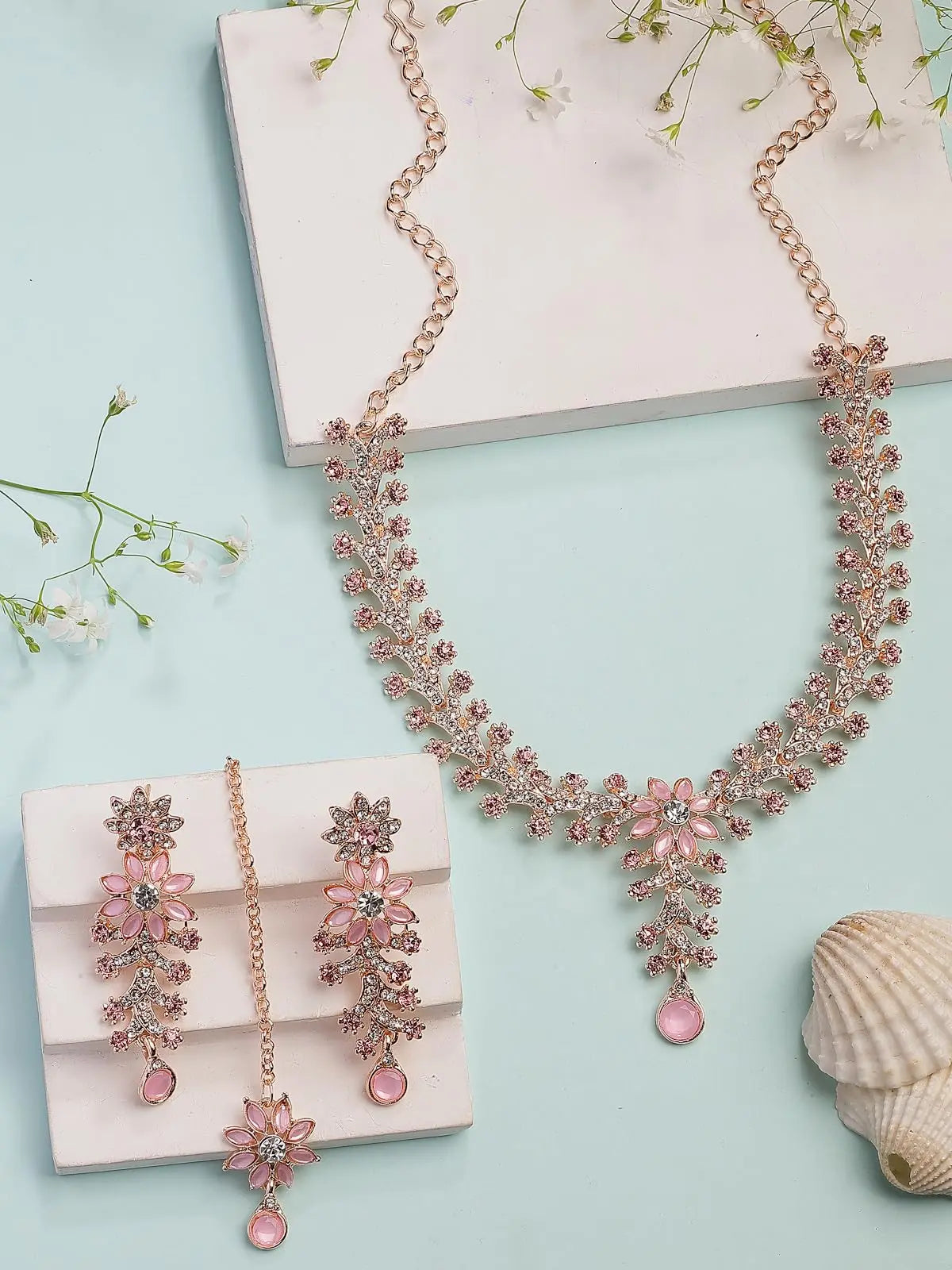Sukkhi Charming AD Diamonds Studded Floral Choker Necklace with Danlge Earrings Maangtikka Jewellery Set for Women & Girls ALORAJEWELS