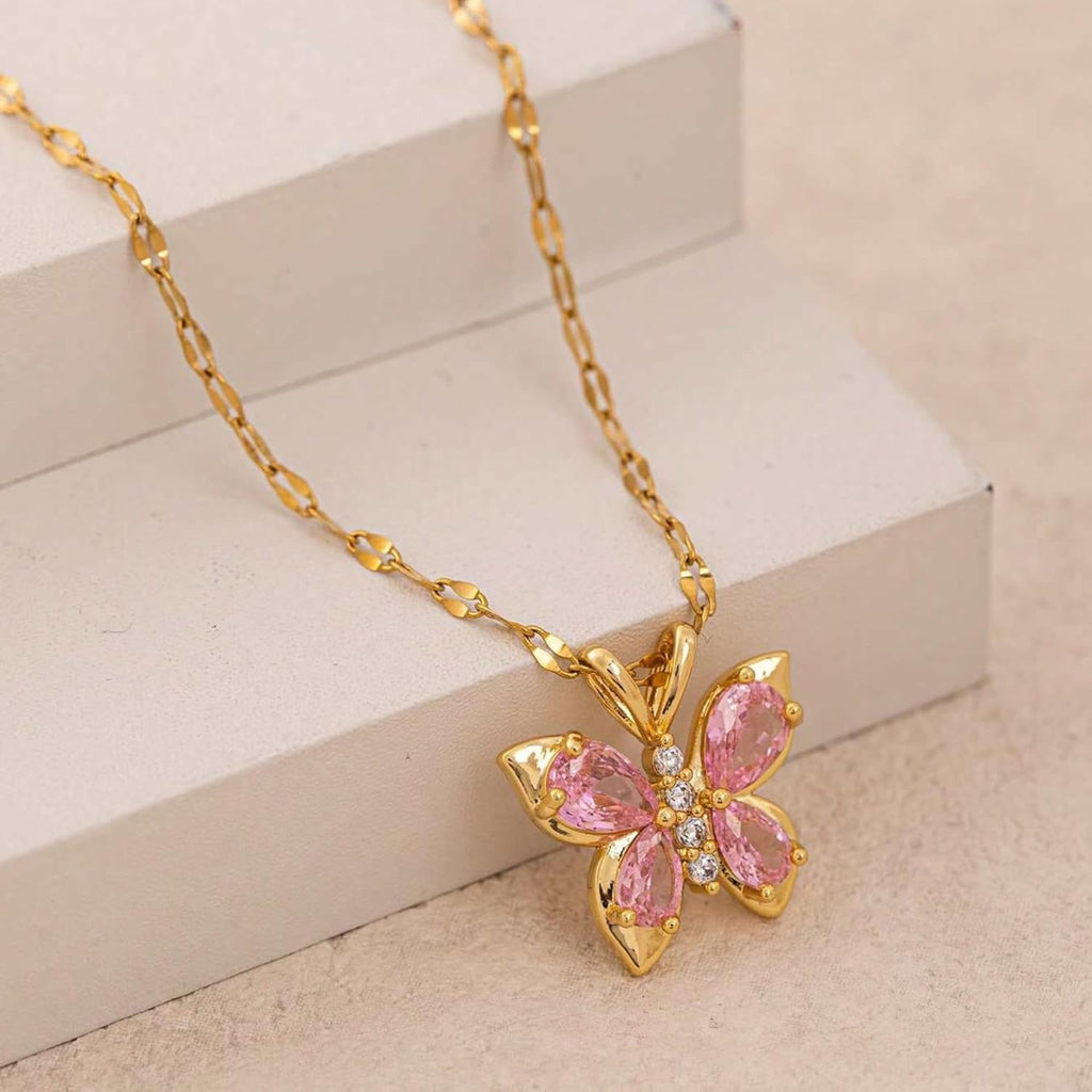 Alorajewels - Stainless Steel Coquette Pink Butterfly Pendant Necklace for Women
