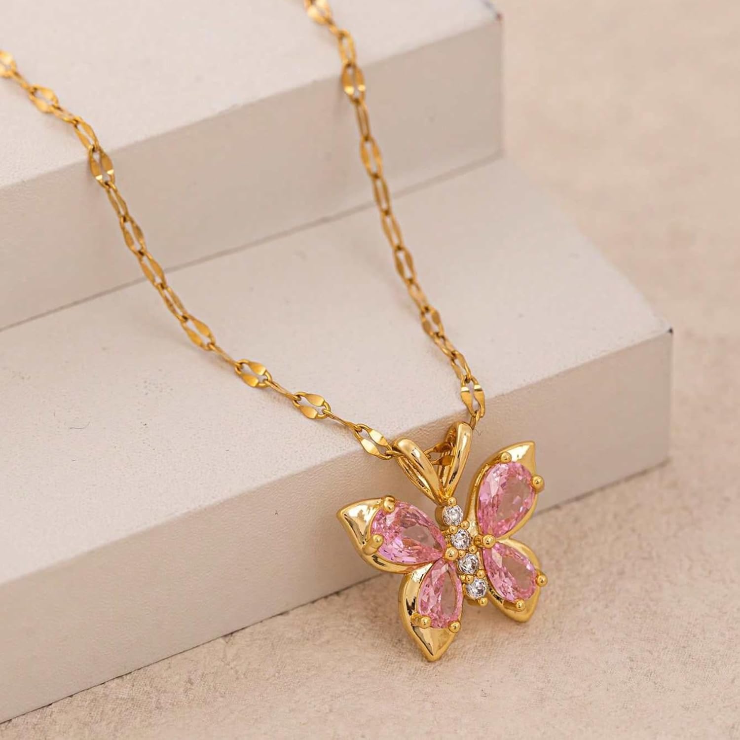 Alorajewels - Stainless Steel Coquette Pink Butterfly Pendant Necklace for Women