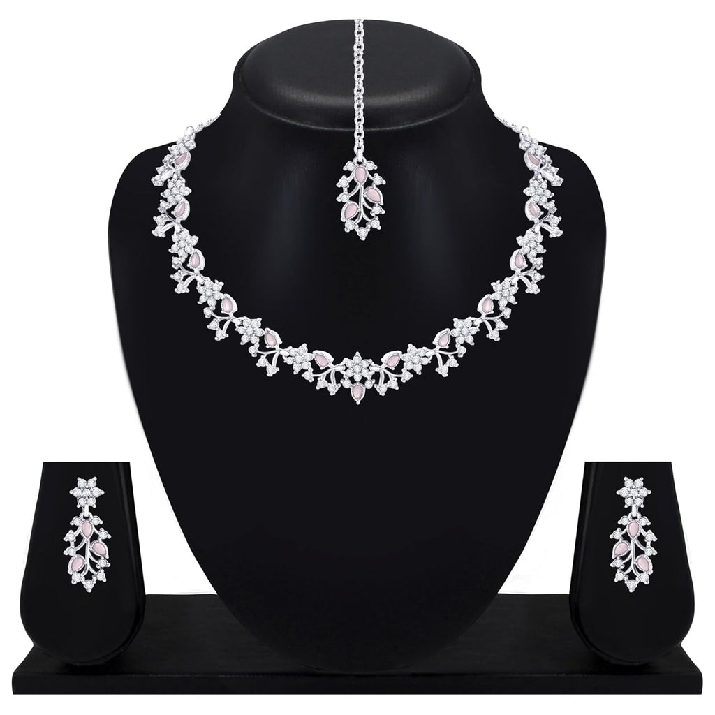 Alorajewels -  American Diamond AD with Colorful Crystal Necklace Jewellery Set for Women/Girls | Perfect for Weddings, Parties & Festive Occasions