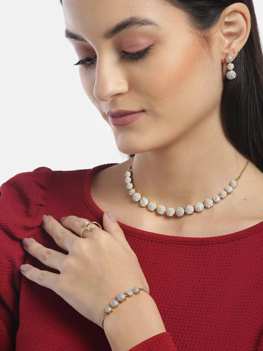YouBella Jewellery Set for Women American Diamond Combo of Choker Necklace Set with Earrings, Bracelet and Ring for Girls and Women ALORAJEWELS