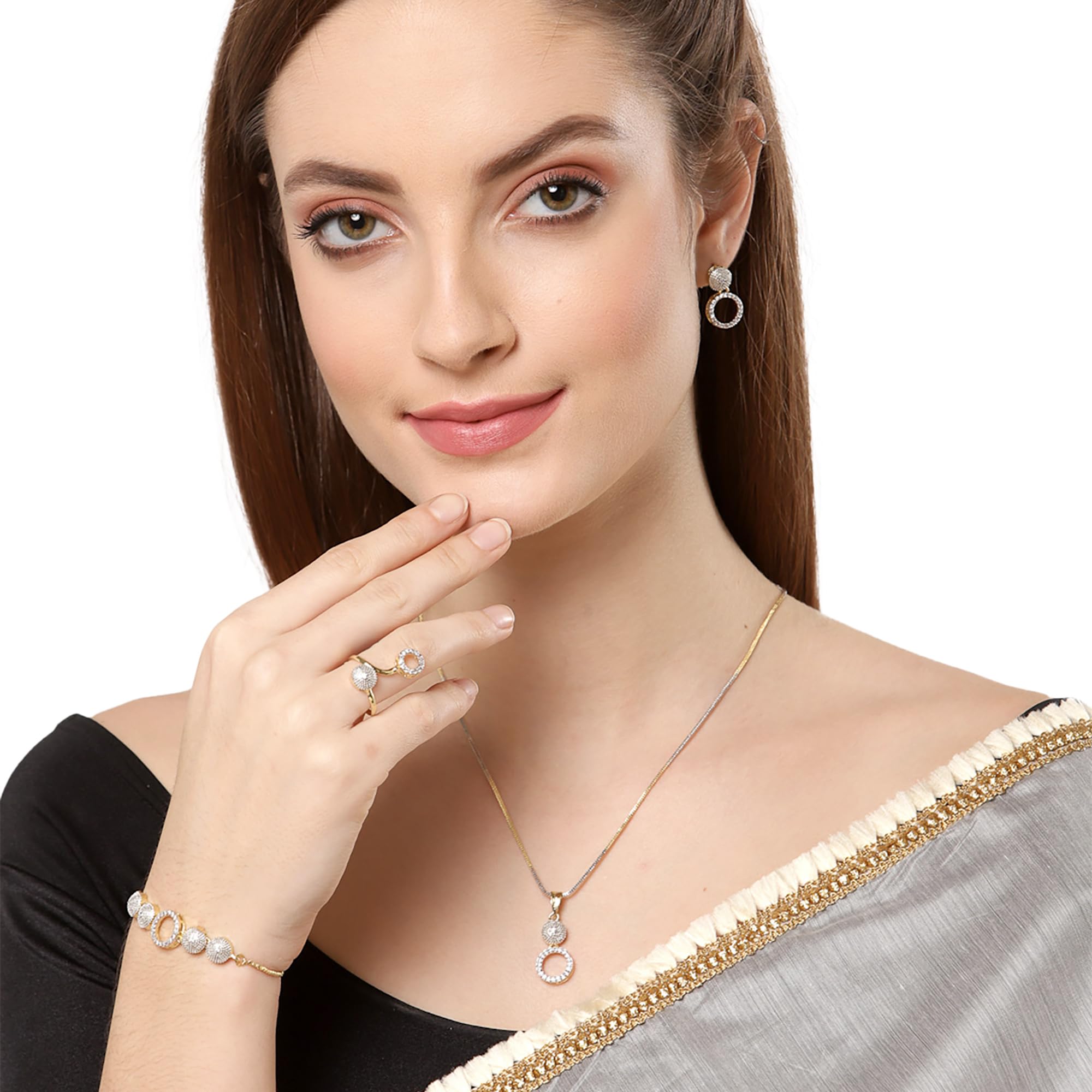 Alorajewels - Jewellery Set for Women American Diamond Necklace Set with Earrings, Bracelet and Ring Jewellery for Girls and Women