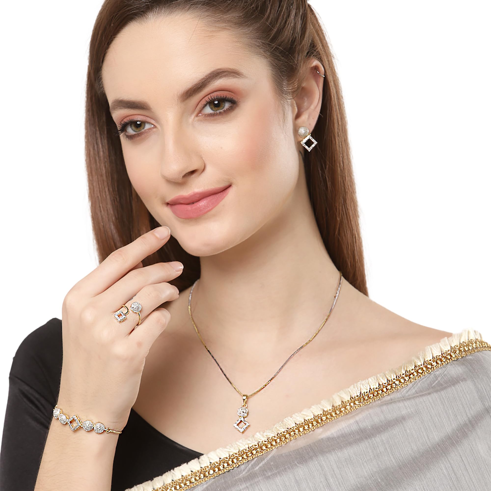 Alorajewels - Jewellery Set for Women American Diamond Necklace Set with Earrings, Bracelet and Ring Jewellery for Girls and Women