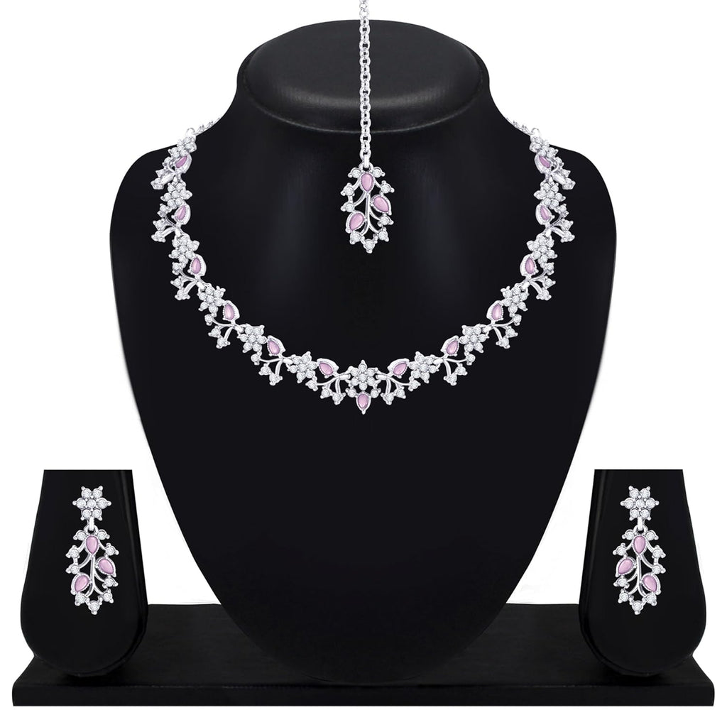 Alorajewels -  American Diamond AD with Colorful Crystal Necklace Jewellery Set for Women/Girls | Perfect for Weddings, Parties & Festive Occasions