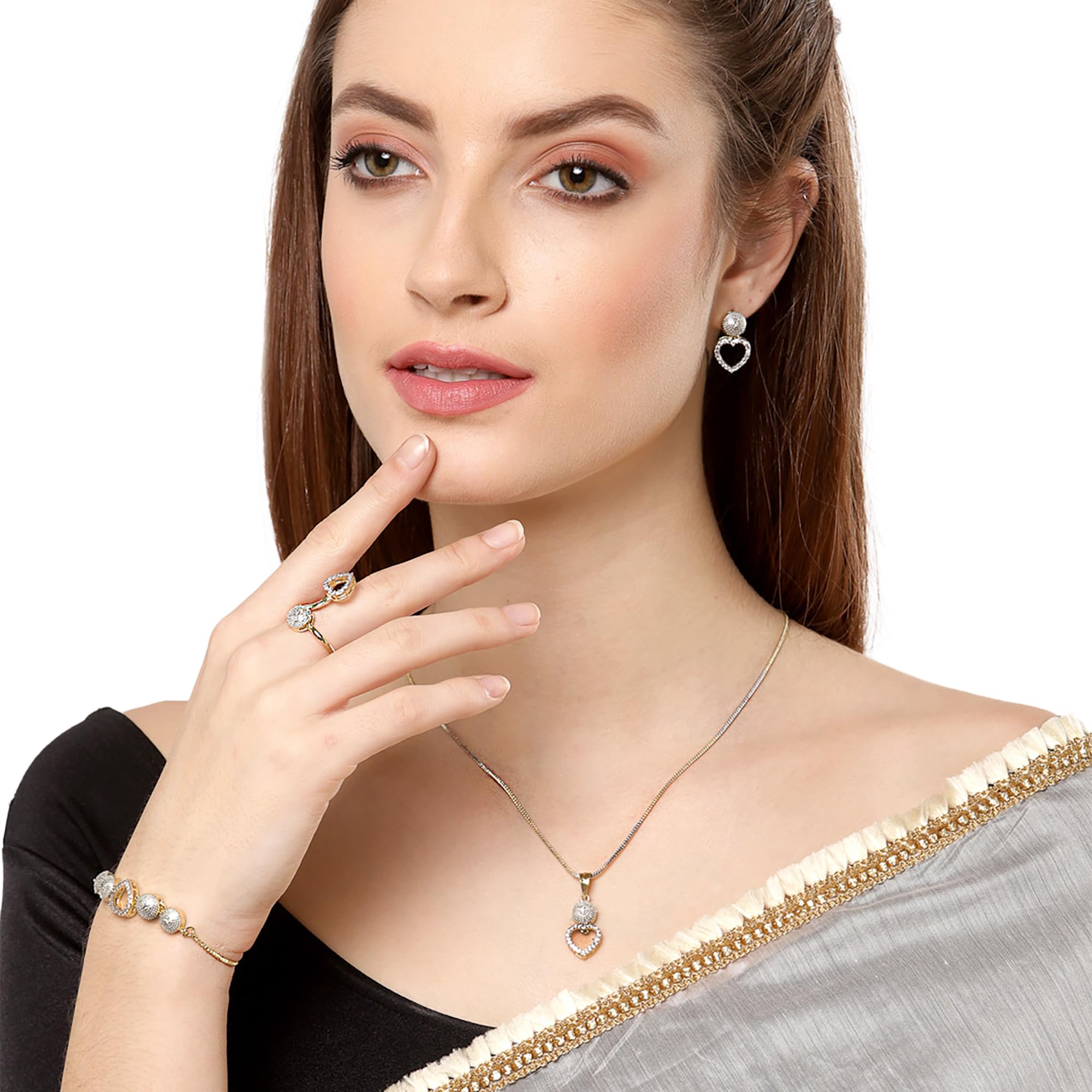 Alorajewels - Jewellery Set for Women American Diamond Necklace Set with Earrings, Bracelet and Ring Jewellery for Girls and Women