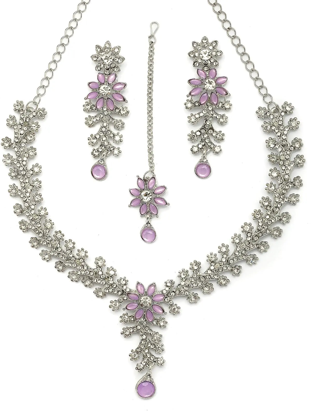 Sukkhi Charming AD Diamonds Studded Floral Choker Necklace with Danlge Earrings Maangtikka Jewellery Set for Women & Girls ALORAJEWELS