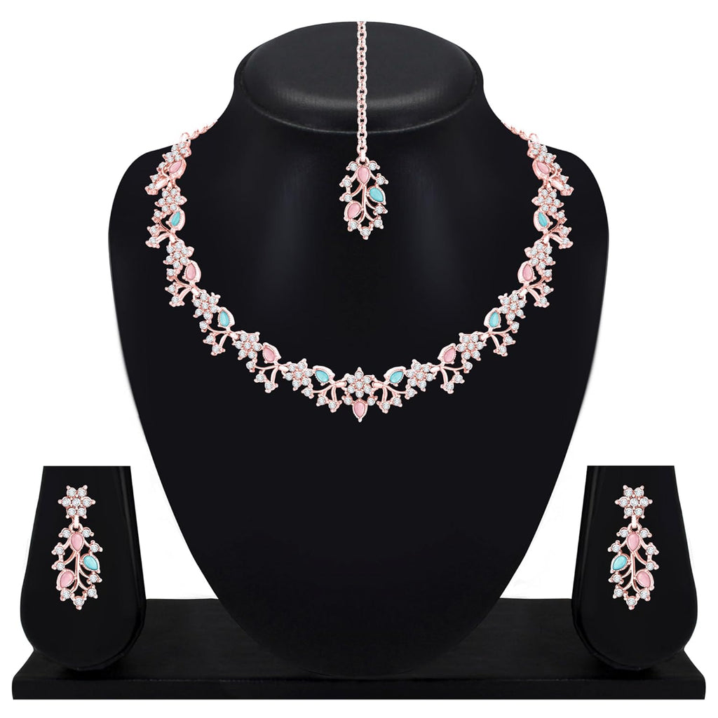Alorajewels -  American Diamond AD with Colorful Crystal Necklace Jewellery Set for Women/Girls | Perfect for Weddings, Parties & Festive Occasions