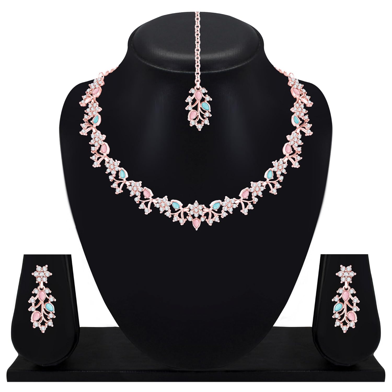 Alorajewels -  American Diamond AD with Colorful Crystal Necklace Jewellery Set for Women/Girls | Perfect for Weddings, Parties & Festive Occasions