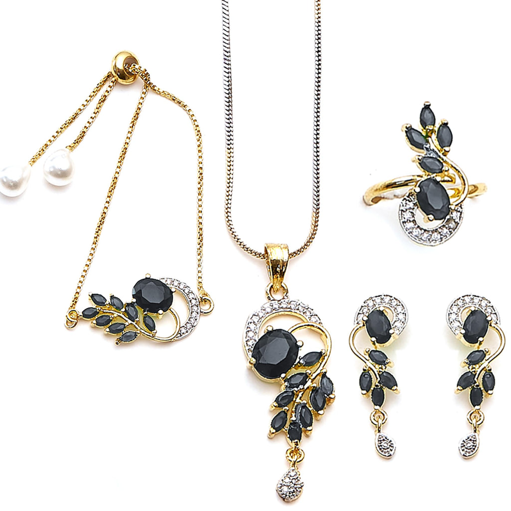 Alorajewels -  Jewellery Set American Diamond Gold Plated Traditional Style Necklace Pendant Set, Ring, Bracelet with Earring Jewellery for Women and Girls