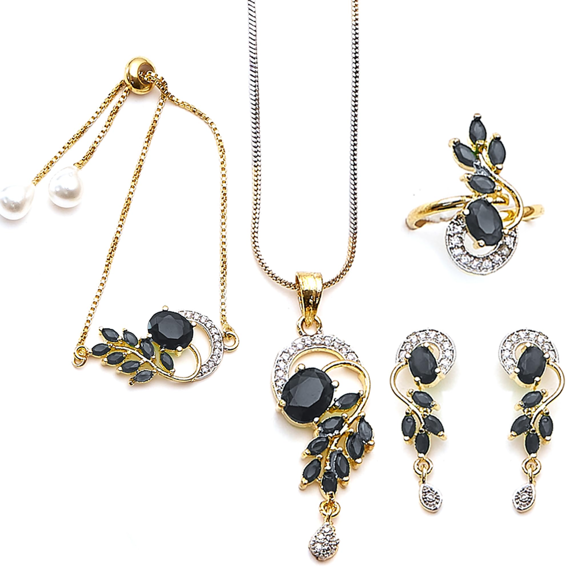 Alorajewels -  Jewellery Set American Diamond Gold Plated Traditional Style Necklace Pendant Set, Ring, Bracelet with Earring Jewellery for Women and Girls